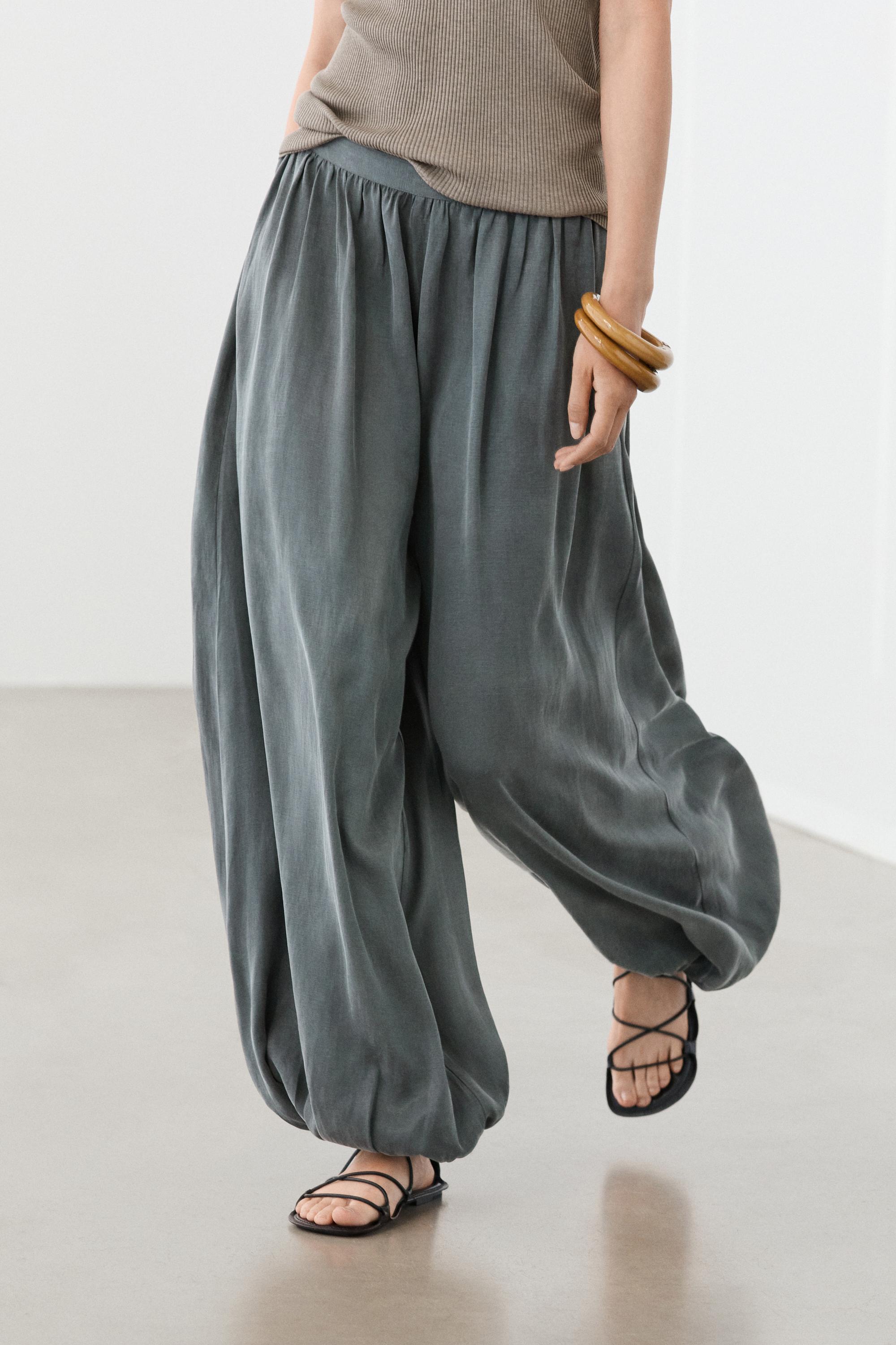 Pleated balloon fit linen blend trousers — GREY BLUE