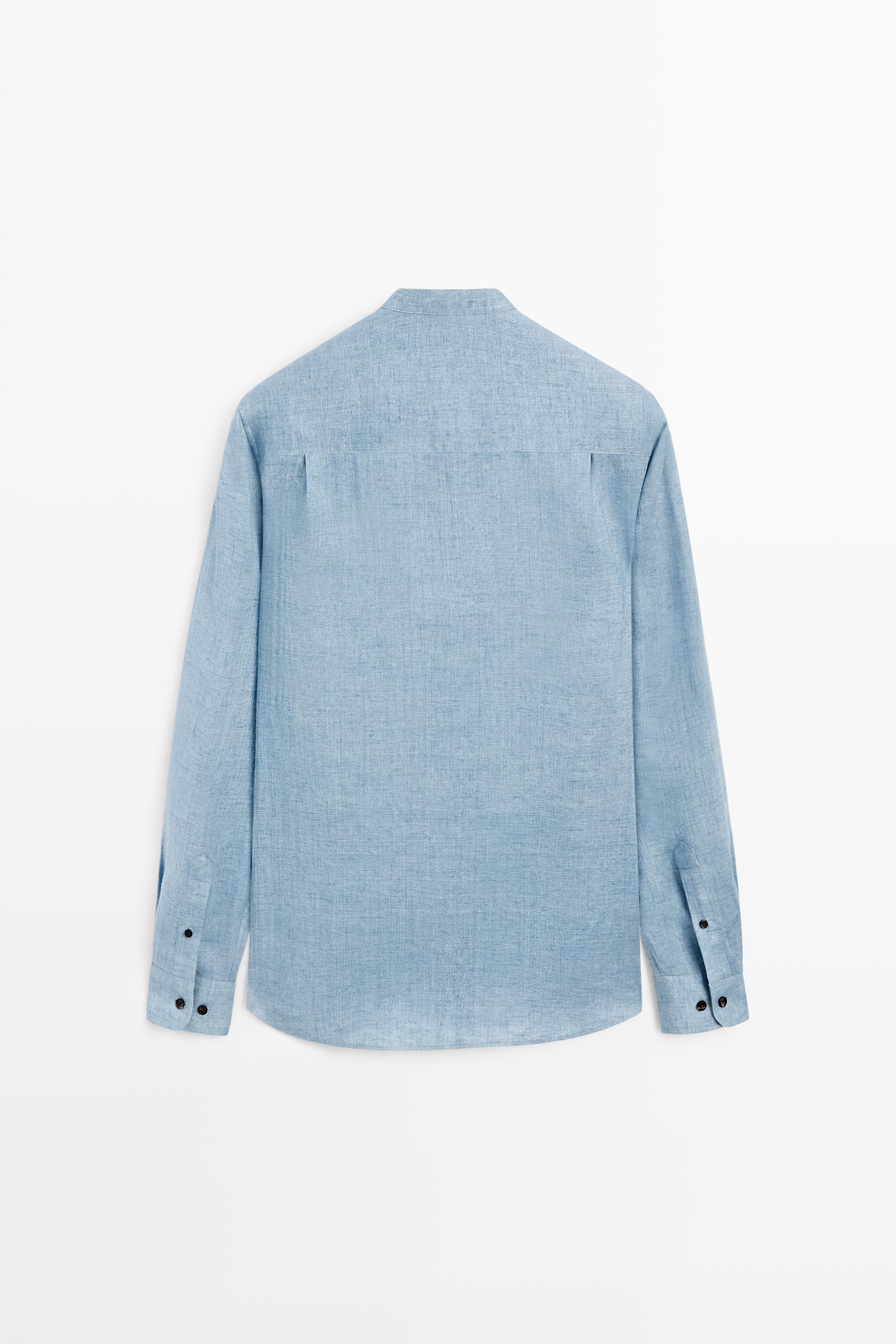 Regular fit contrast button 100% linen shirt — BLUE