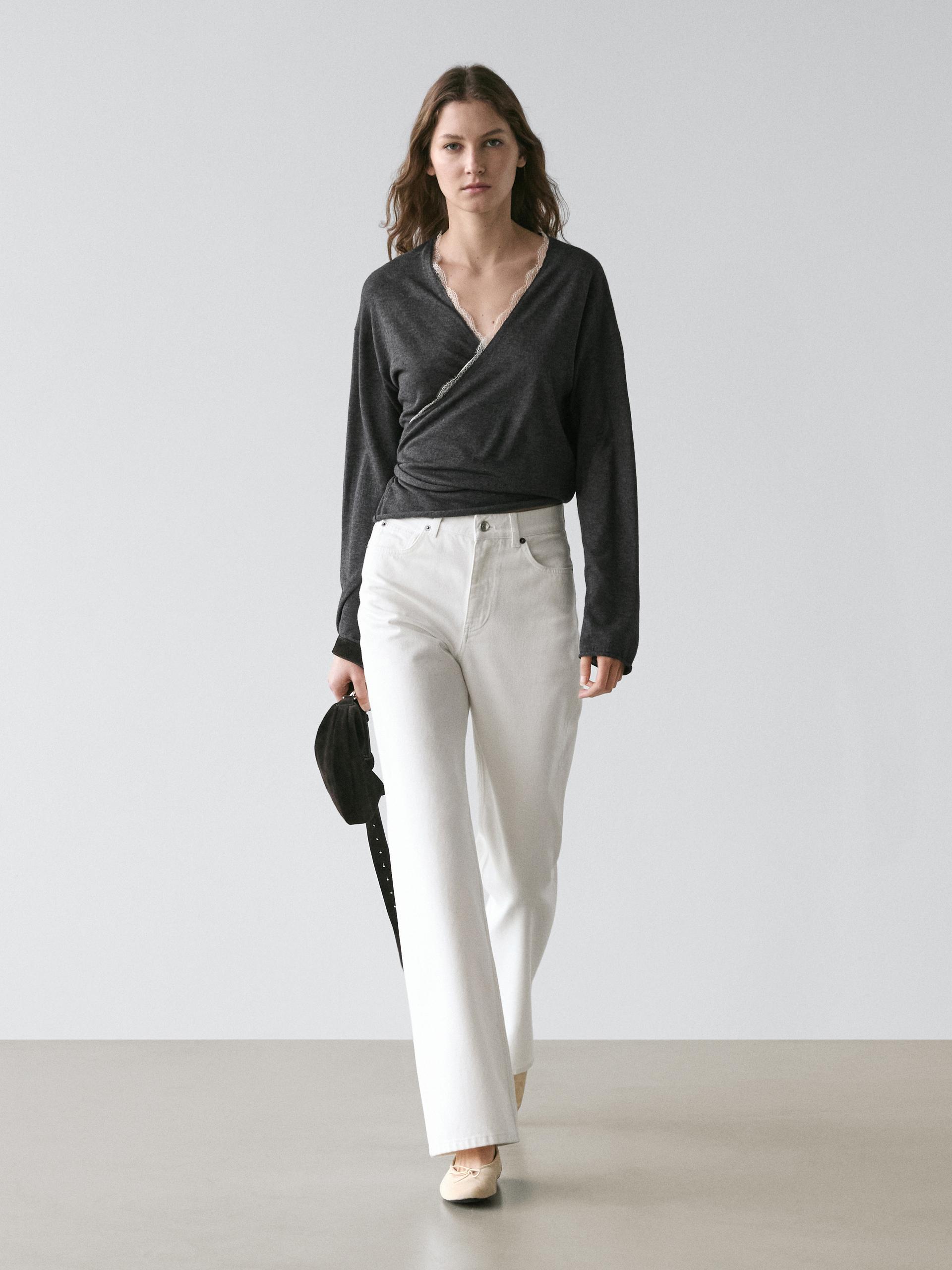 Cardigan In Maglia Incrociato Con Dettaglio In Pizzo - Grigio Antracite - L - Massimo Dutti - Femminile