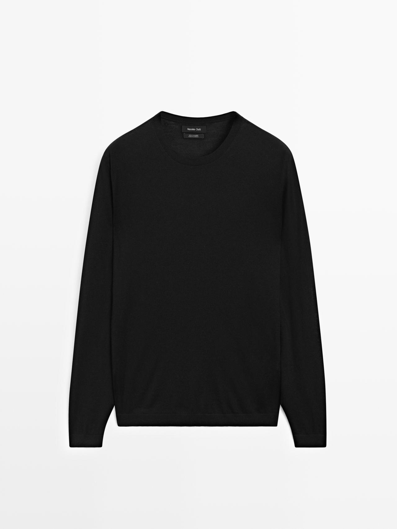 Massimo Dutti - Herre - Striktrøje I 100% Kashmir Med Rund Hals - Sort - L