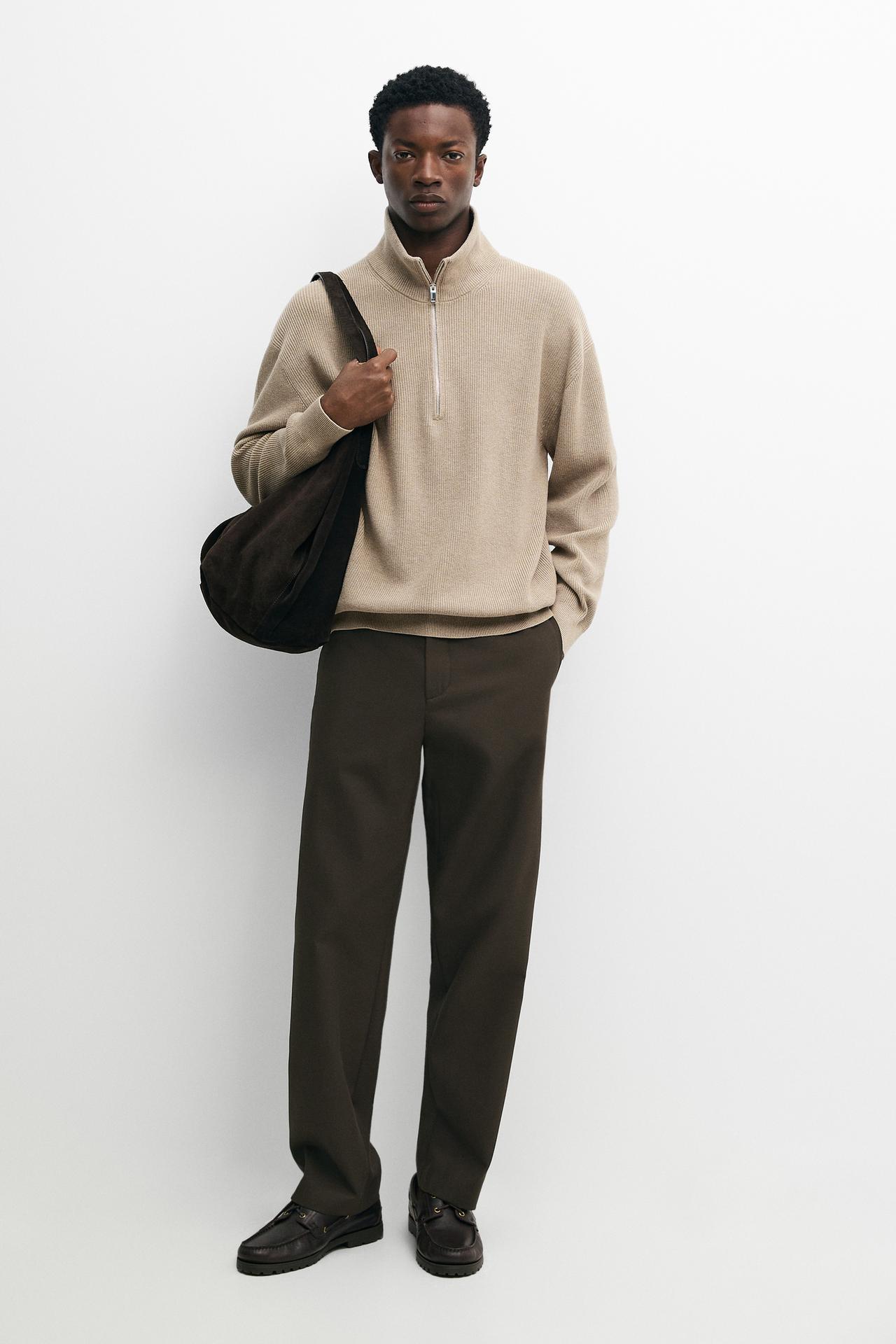 100% cotton mock neck knit sweater — BEIGE