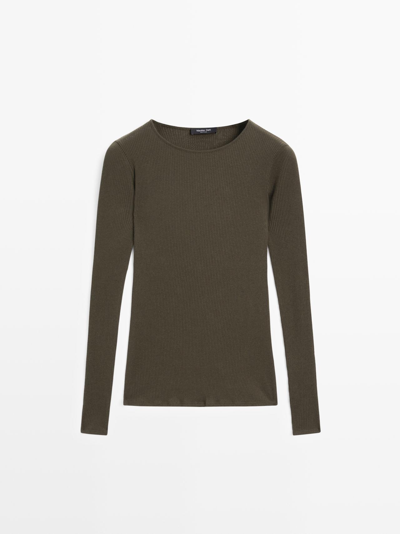 Massimo Dutti - Dame - Langærmet T-Shirt Med Ribdetalje - Mørkegrøn - Xl