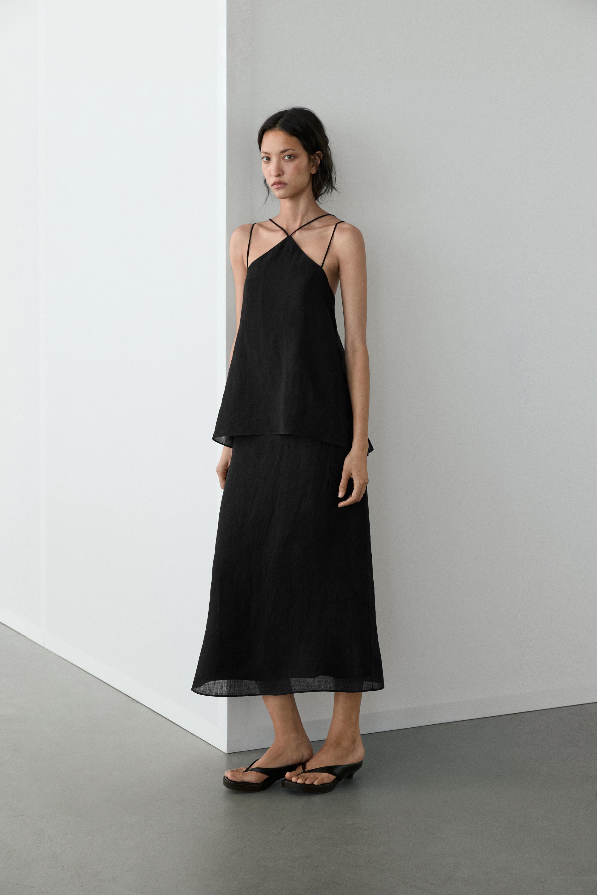 Flowing strappy 100% linen dress — BLACK