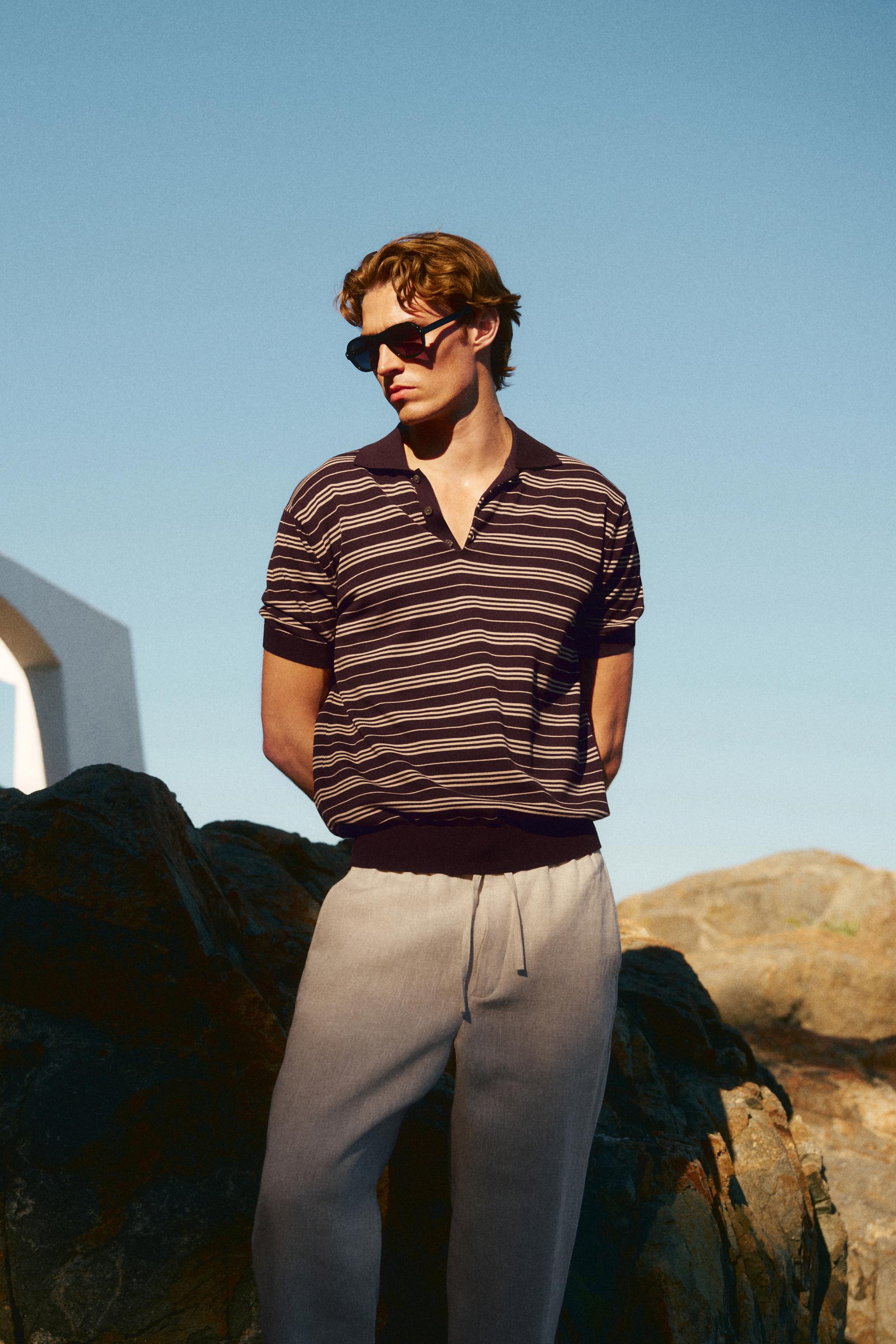 100% Cotton Striped Knit Polo Sweater — BURGUNDY