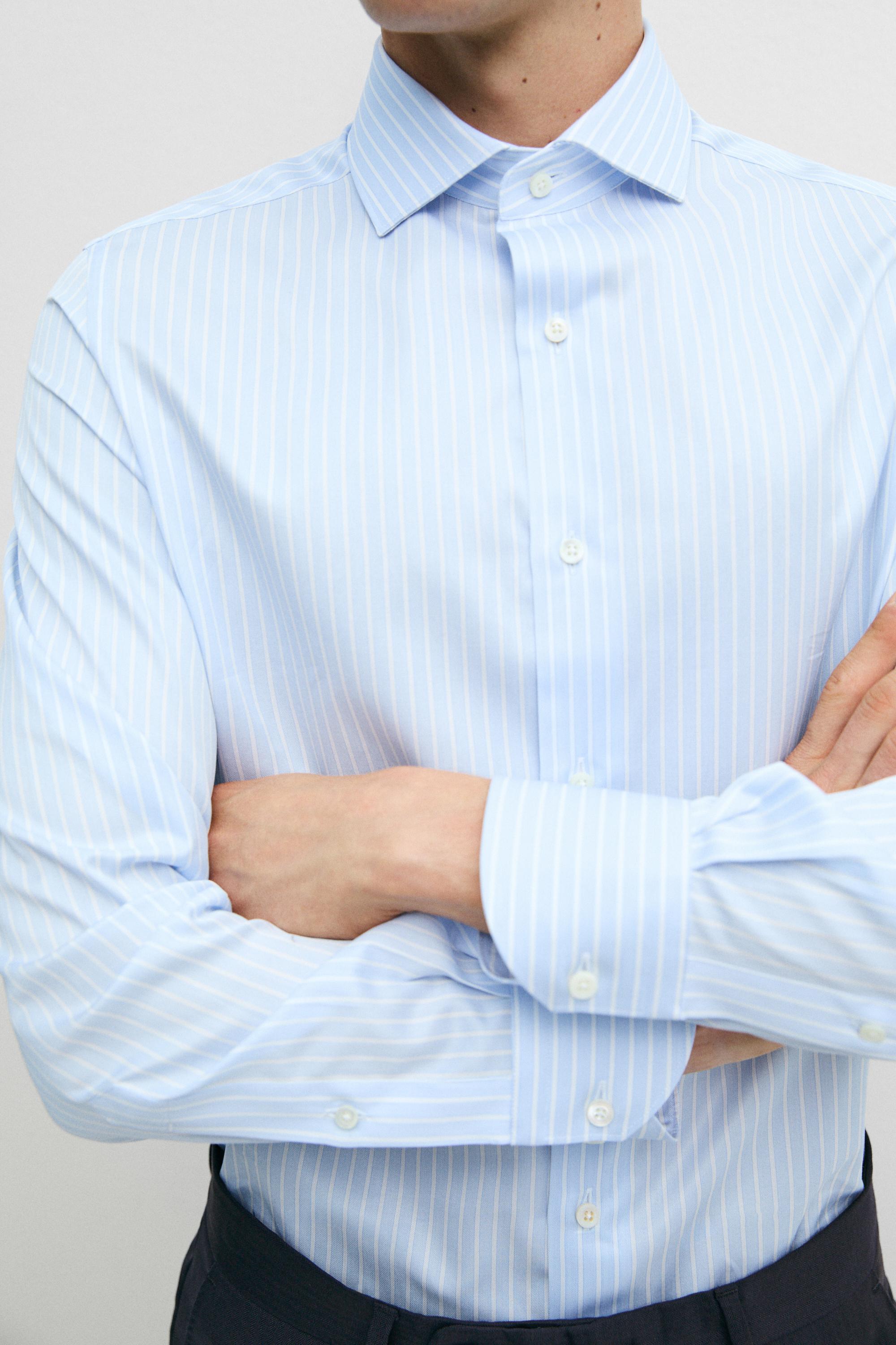 Slim fit striped 100% cotton shirt — SKY BLUE