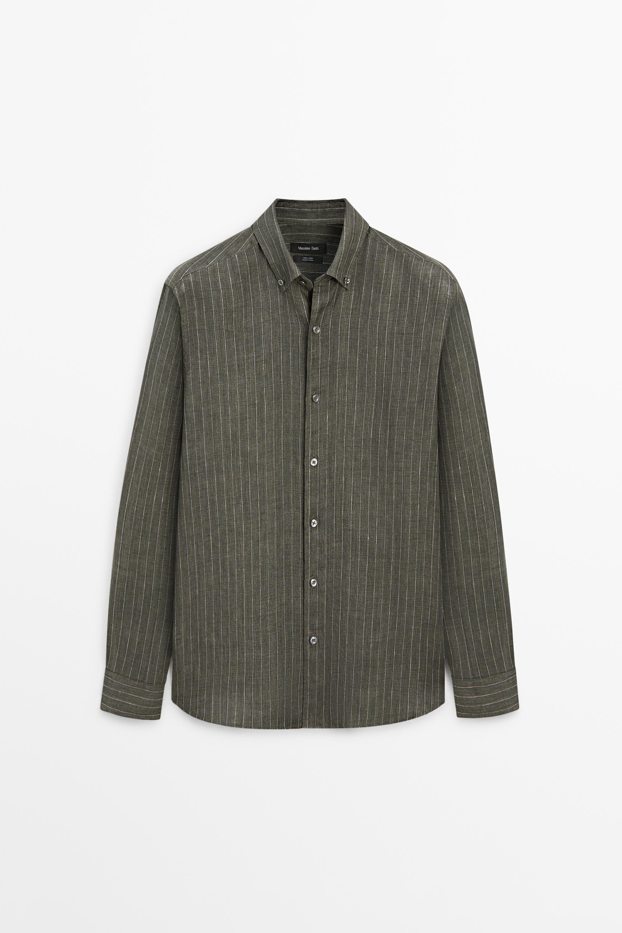 100% linen regular fit striped flowing shirt — GREEN MARL