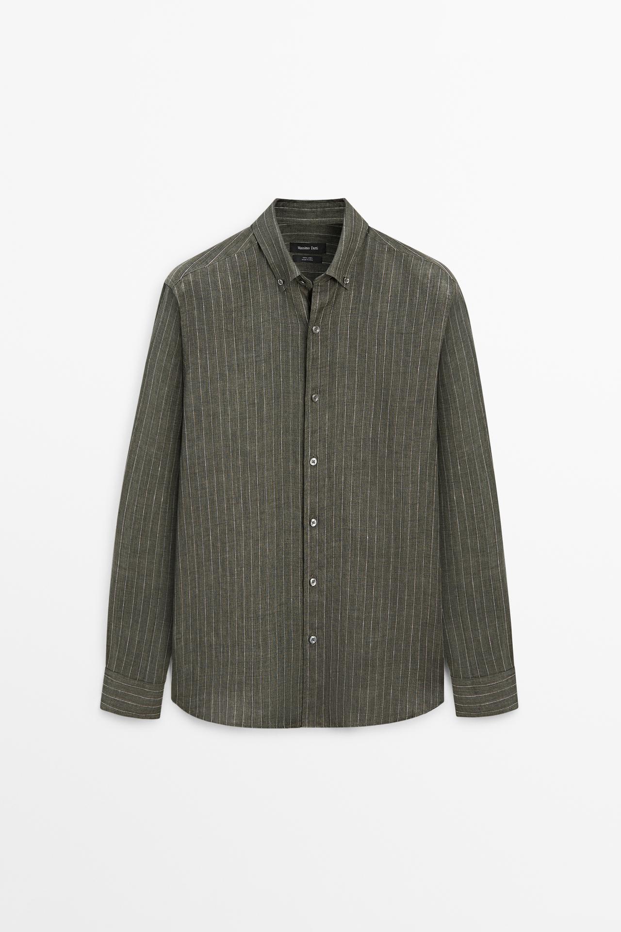 Massimo Dutti - Heren - Regular Fit Linnen Overhemd Met Strepen - Vig Groen - Xl