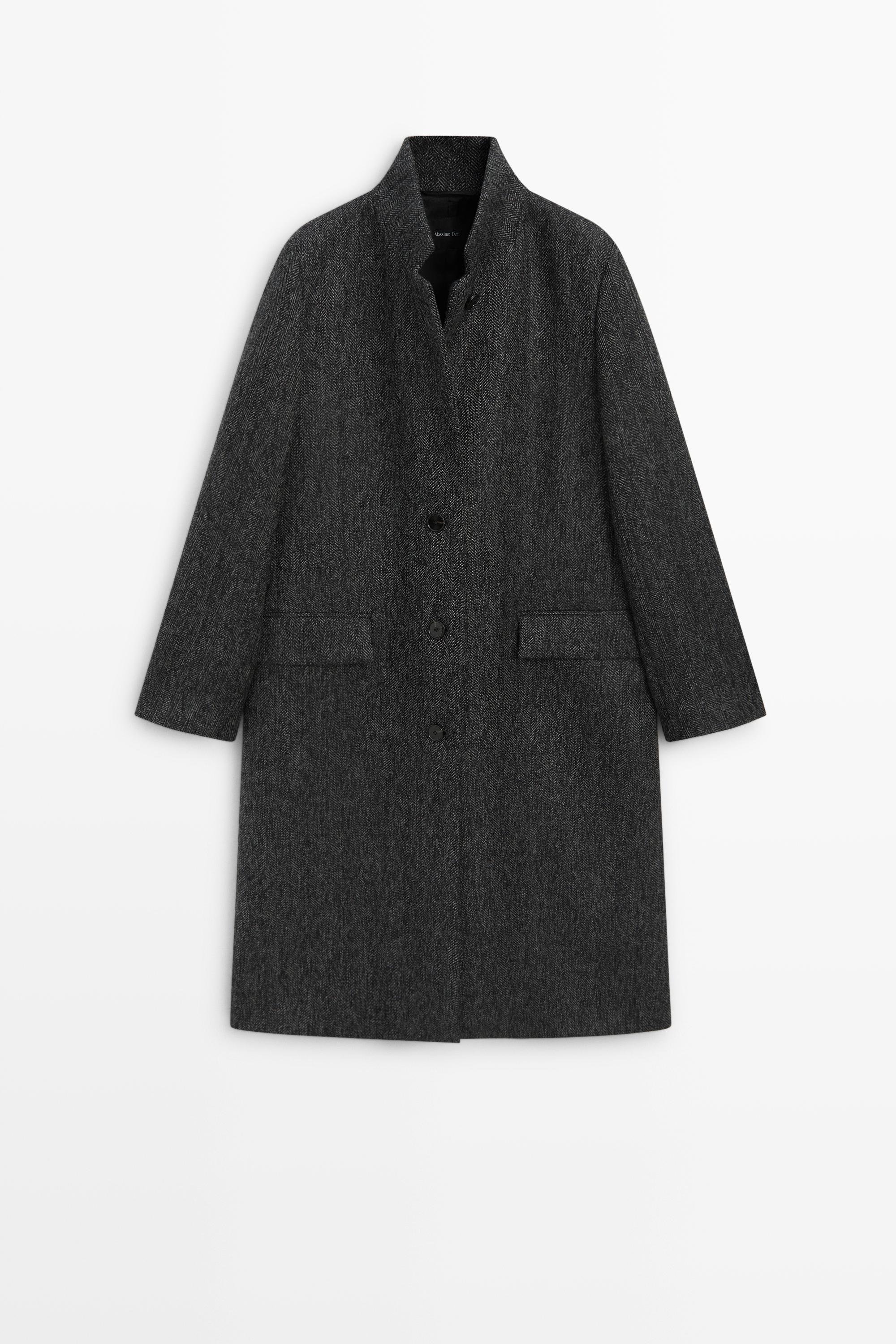 Long herringbone wool blend coat by Massimo Dutti