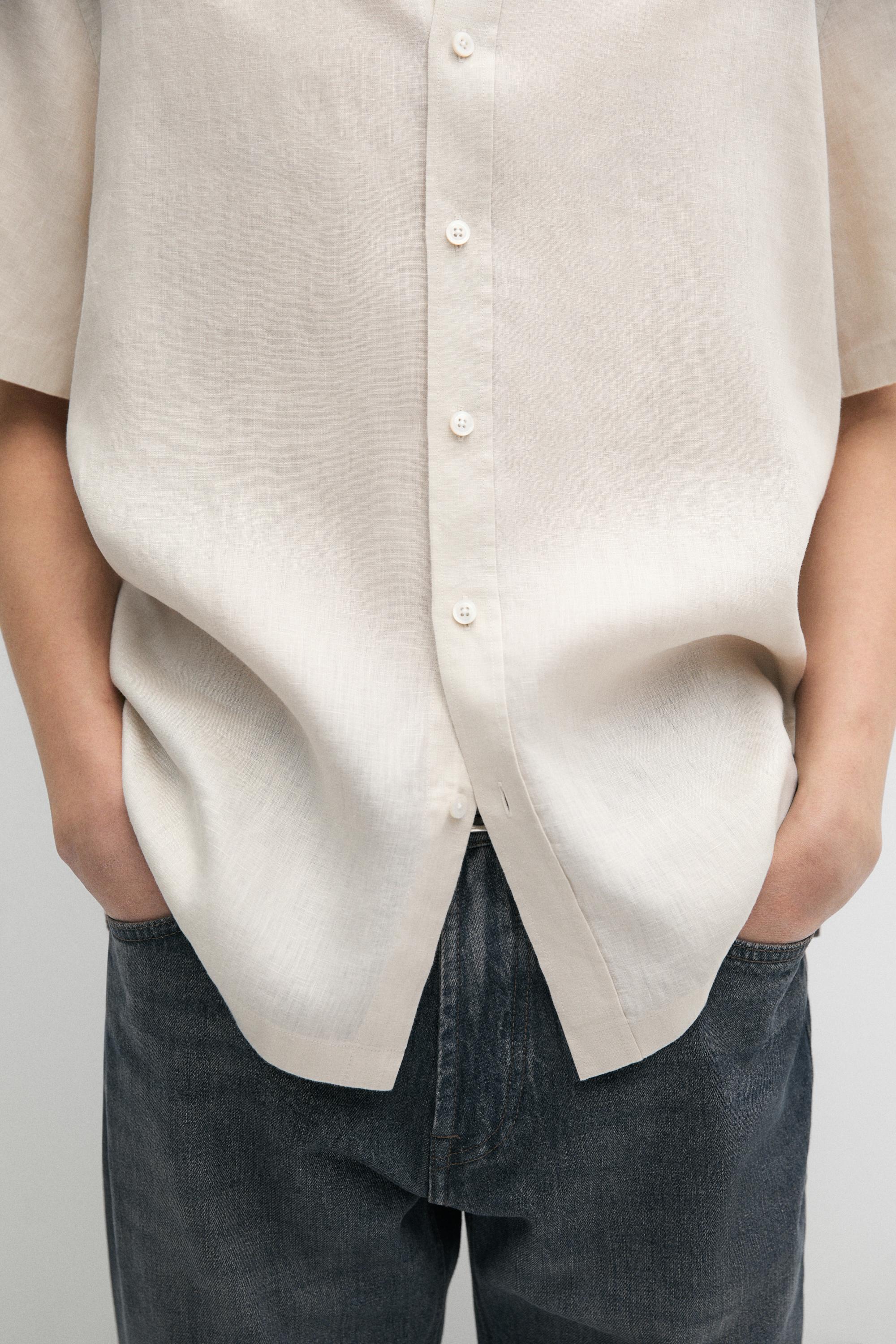 Regular fit 100% linen short sleeve shirt — SAND