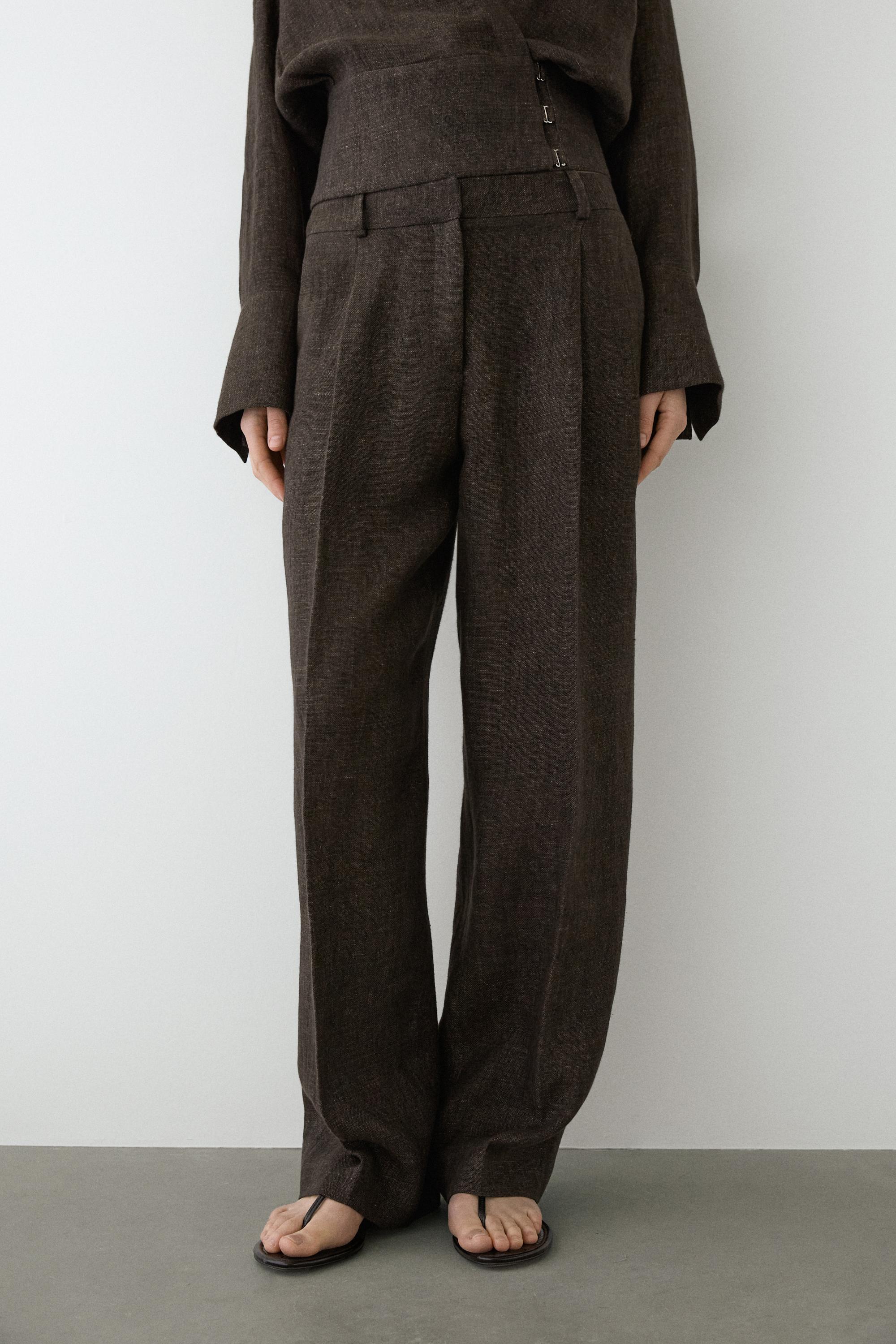 Total look melange linen darted trousers — MOLE BROWN