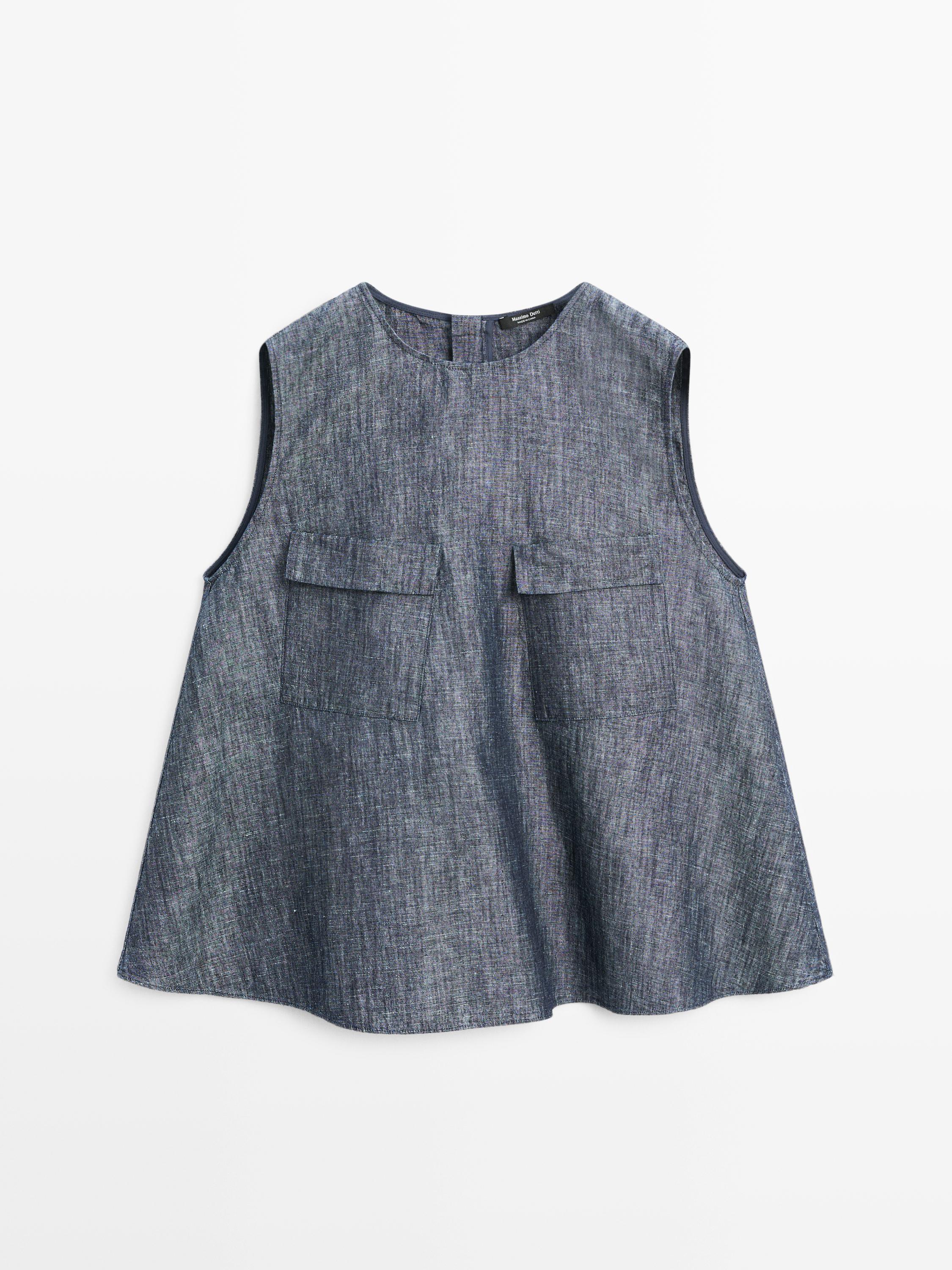 Blusa bolsillos algodón lino denim