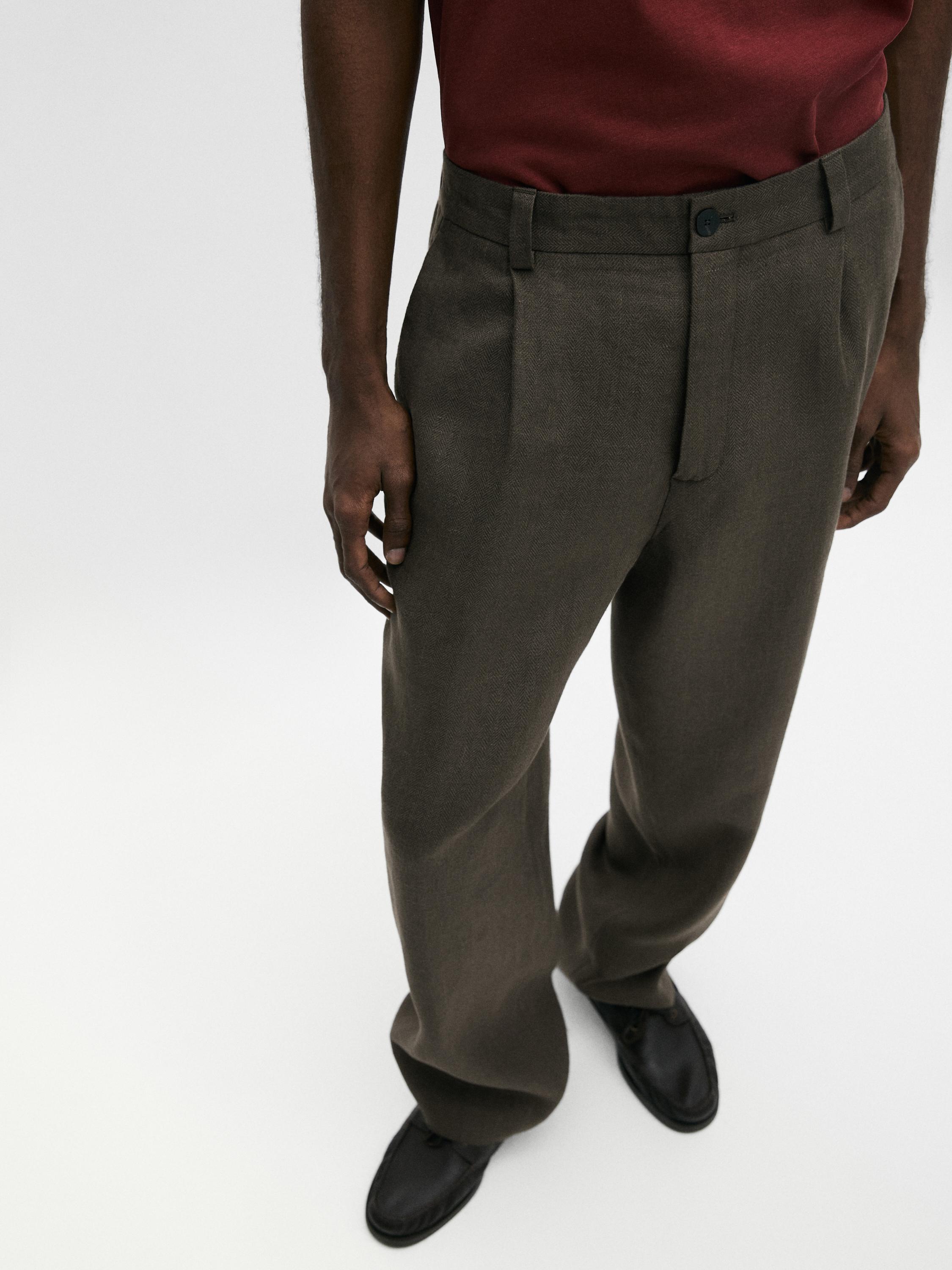 Linen trousers with herringbone detail — GREEN