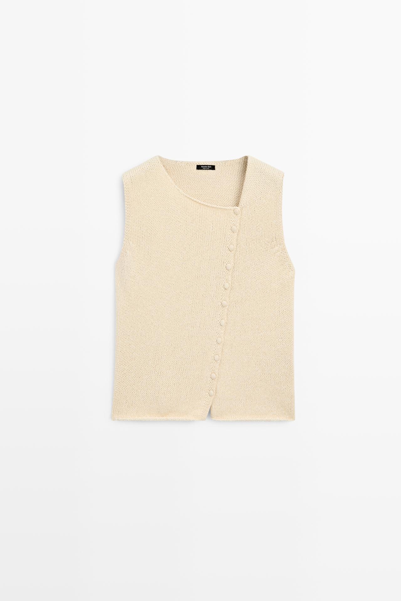 Cotton blend knit top with button detail — CREAM