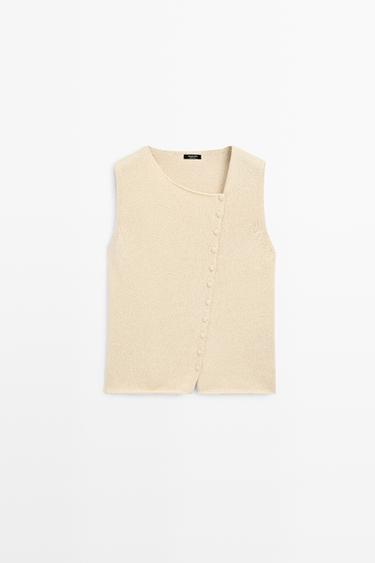 Cotton blend knit top with button detail — CREAM 2