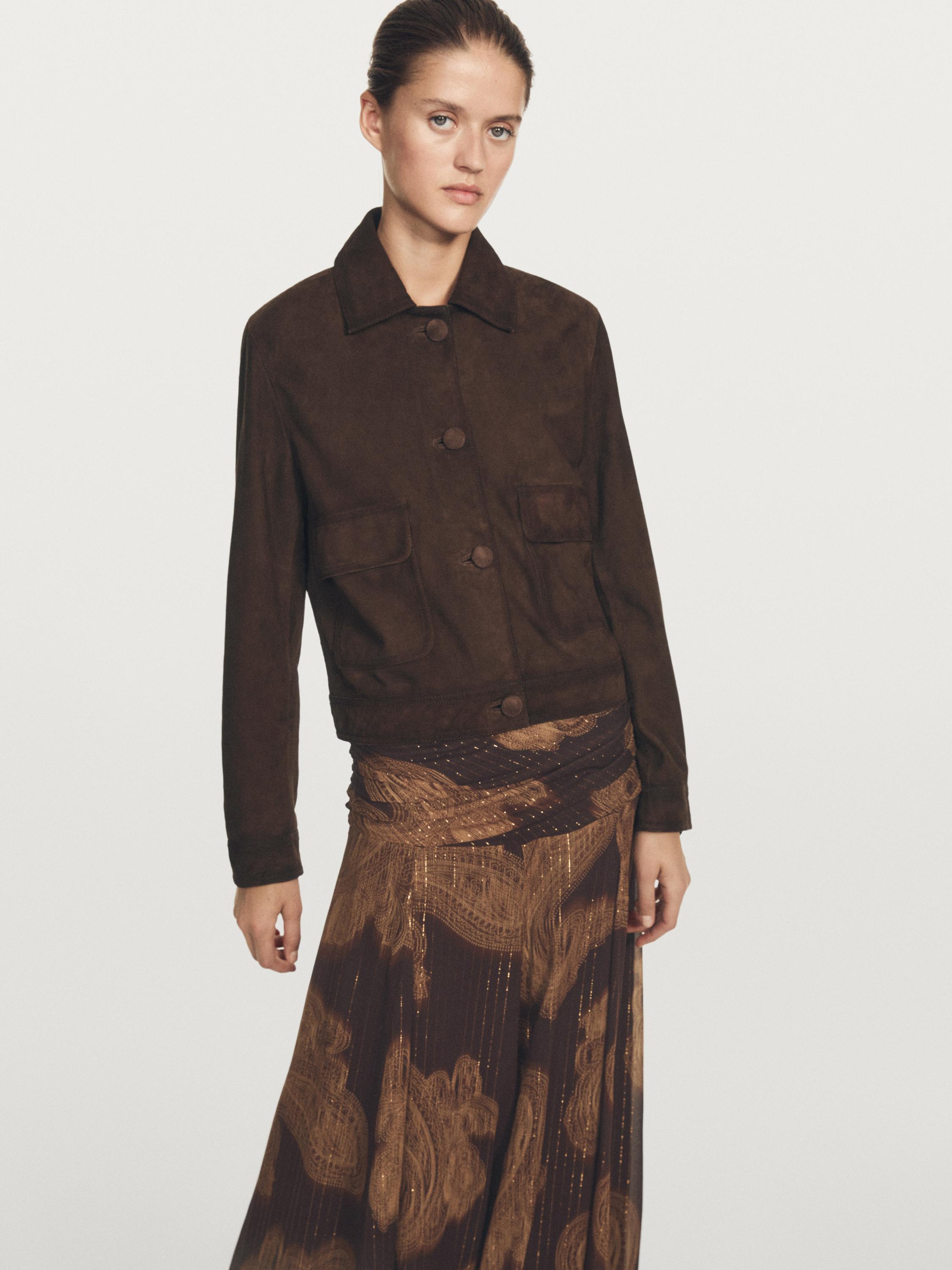 Cropped suede leather-lined jacket with buttons