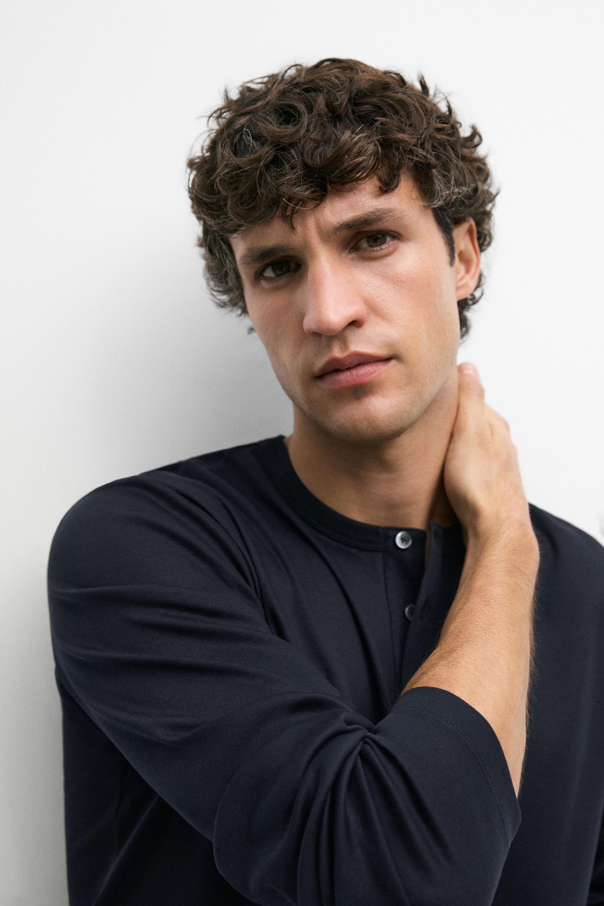 100% cotton long sleeve henley T-shirt — NAVY BLUE