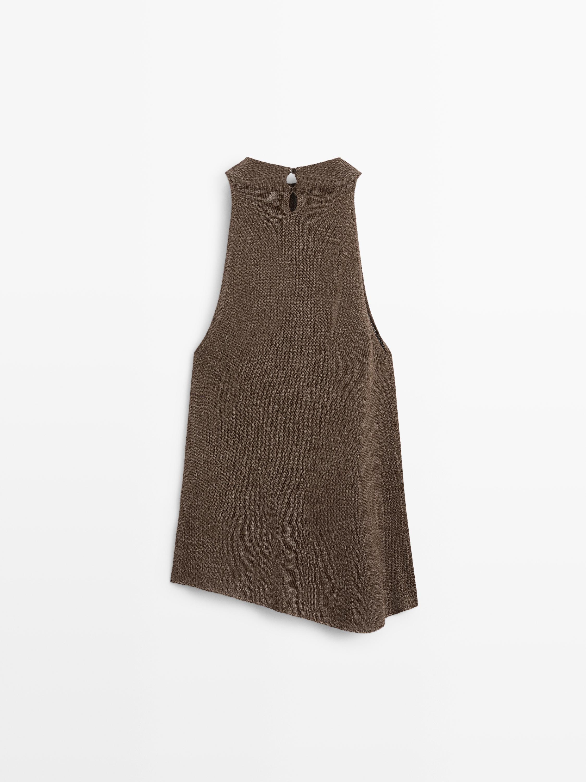 Total look asymmetric halter knit top — BROWN