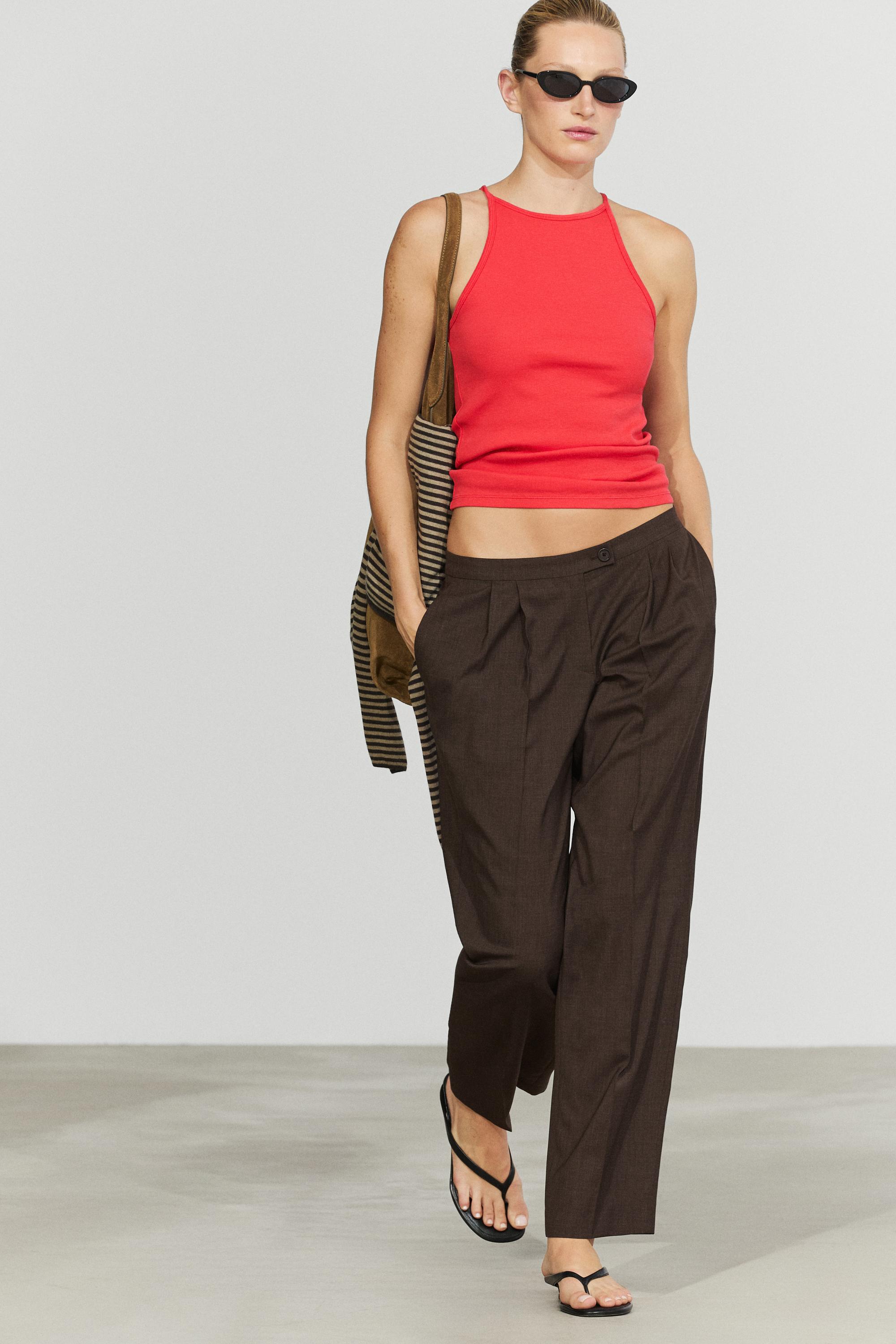 Cotton blend poplin pleated pants