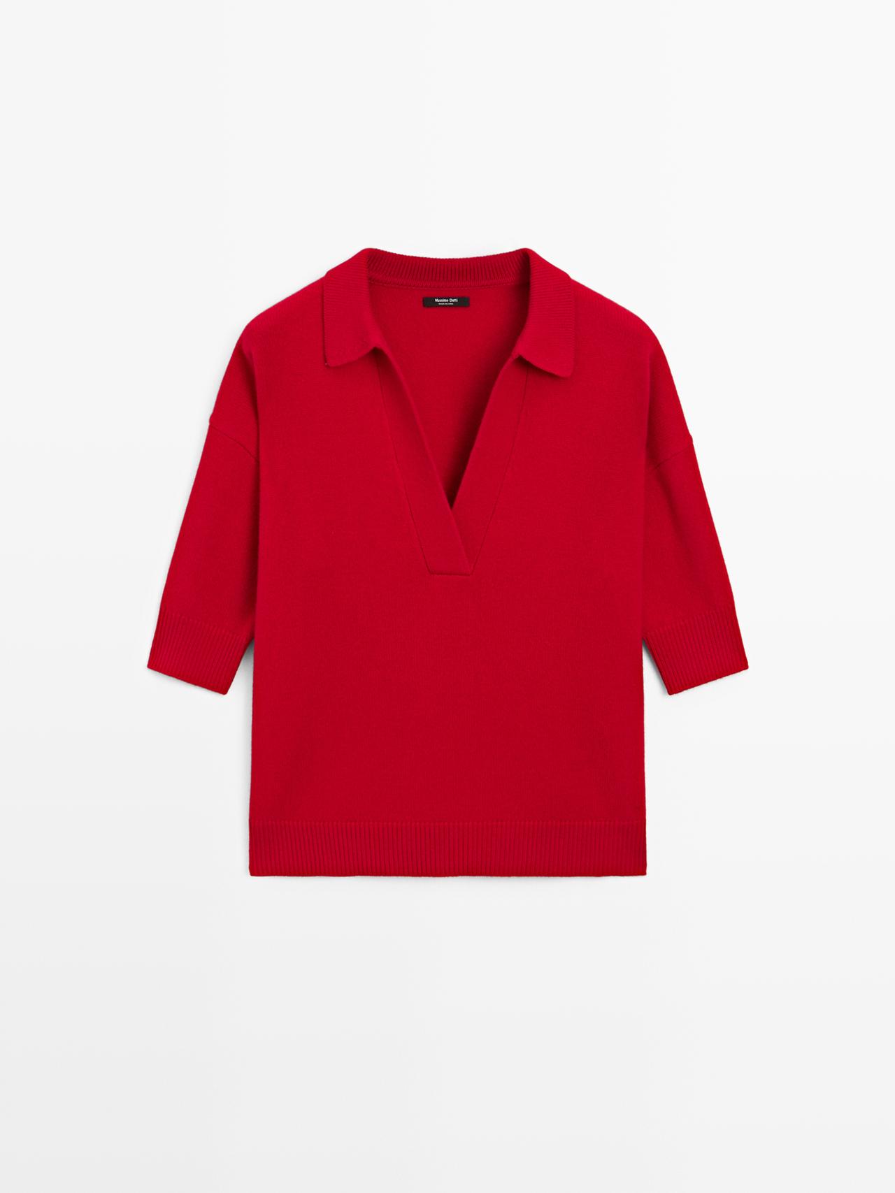 Massimo Dutti - Dames - Tricot Polo Van Wolmix Met V-Hals - Rood - L
