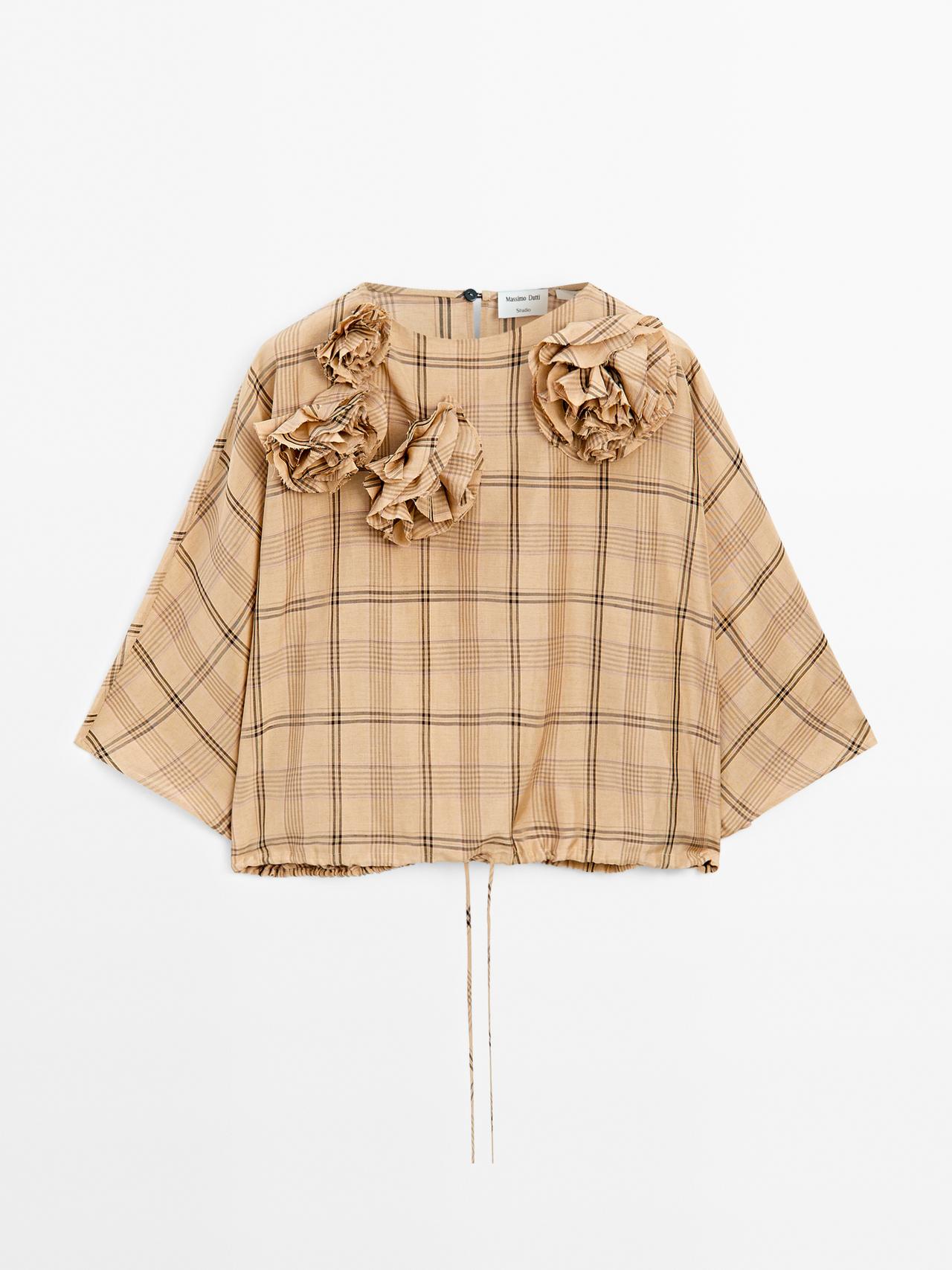 Massimo Dutti - Dame - Bluse Med Blomster Og Ternet Print – Studio - Camel - M