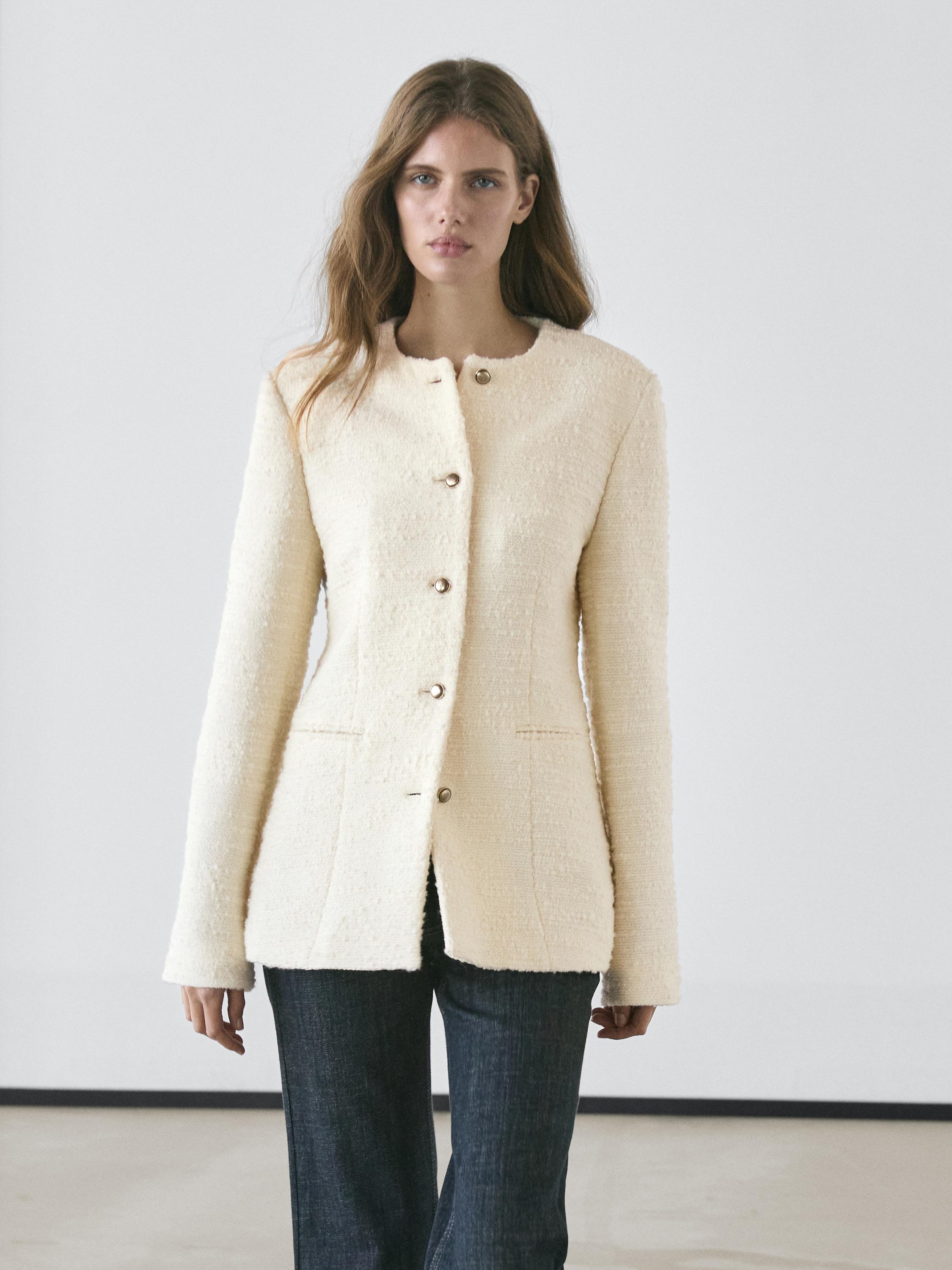 Textured wool blend jacket with rhinestone buttons
