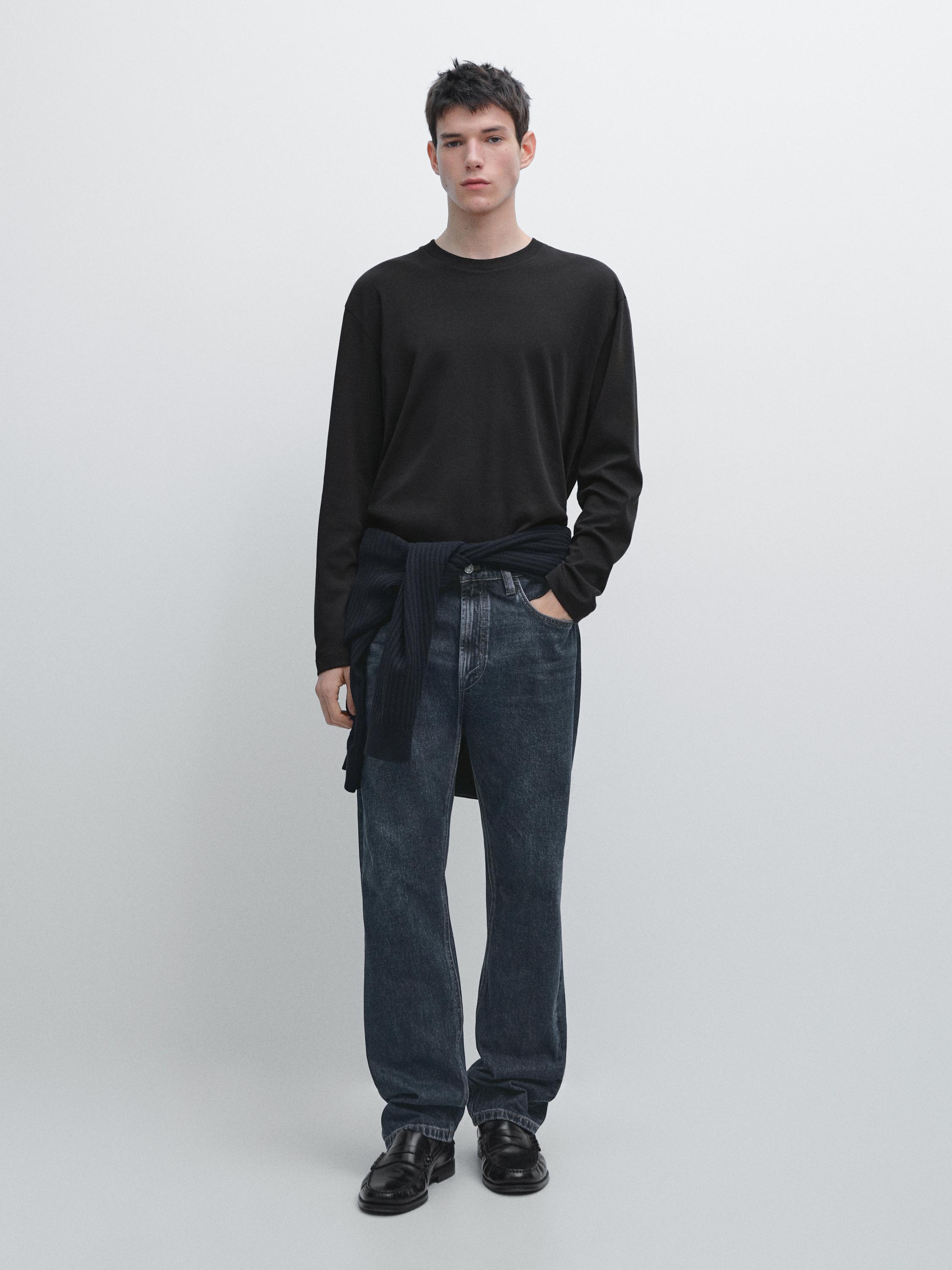 Long sleeve medium weight cotton T-shirt — NAVY BLUE