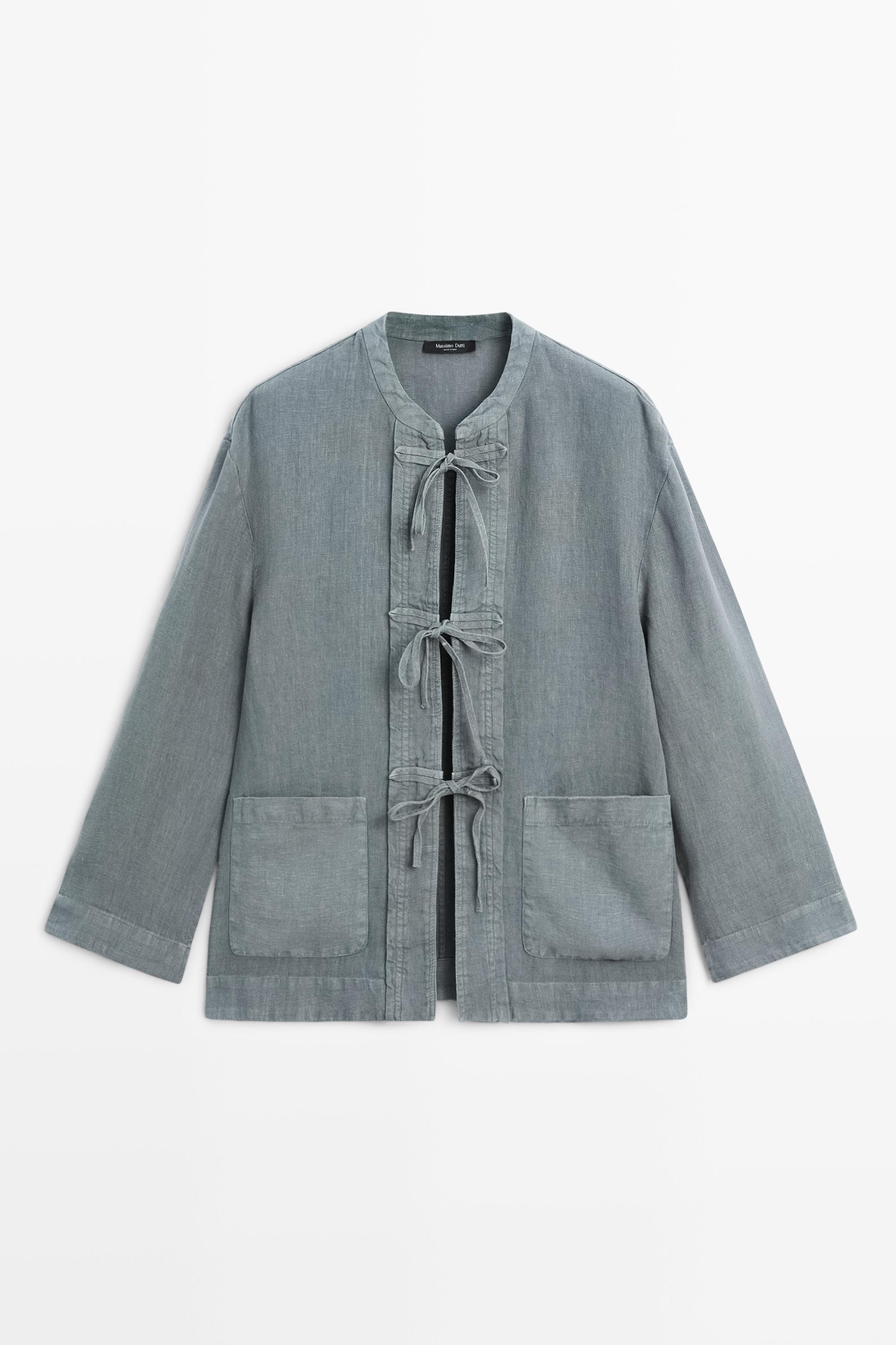 100% linen kimono with bows — BLUE