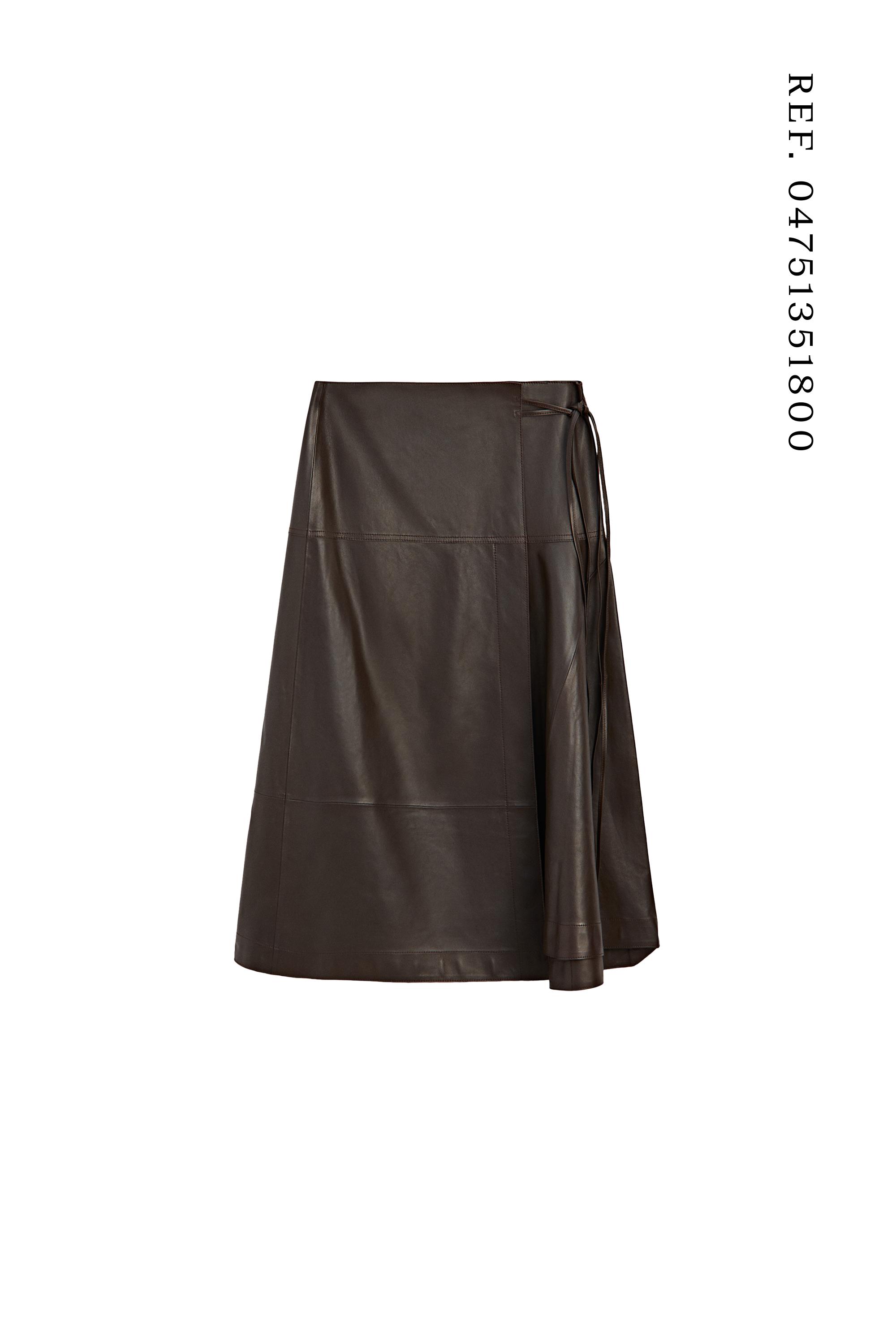 Nappa leather midi skirt with tie detail — BROWN