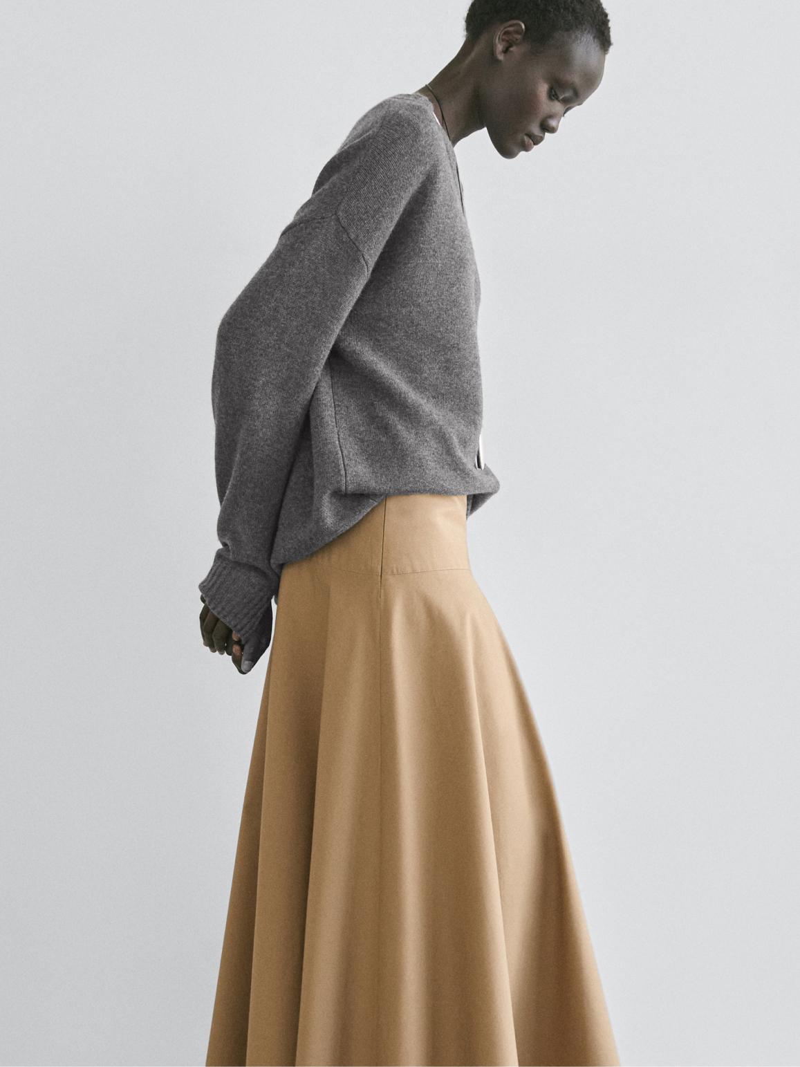 Flounce midi skirt with yoke detail — CAMEL