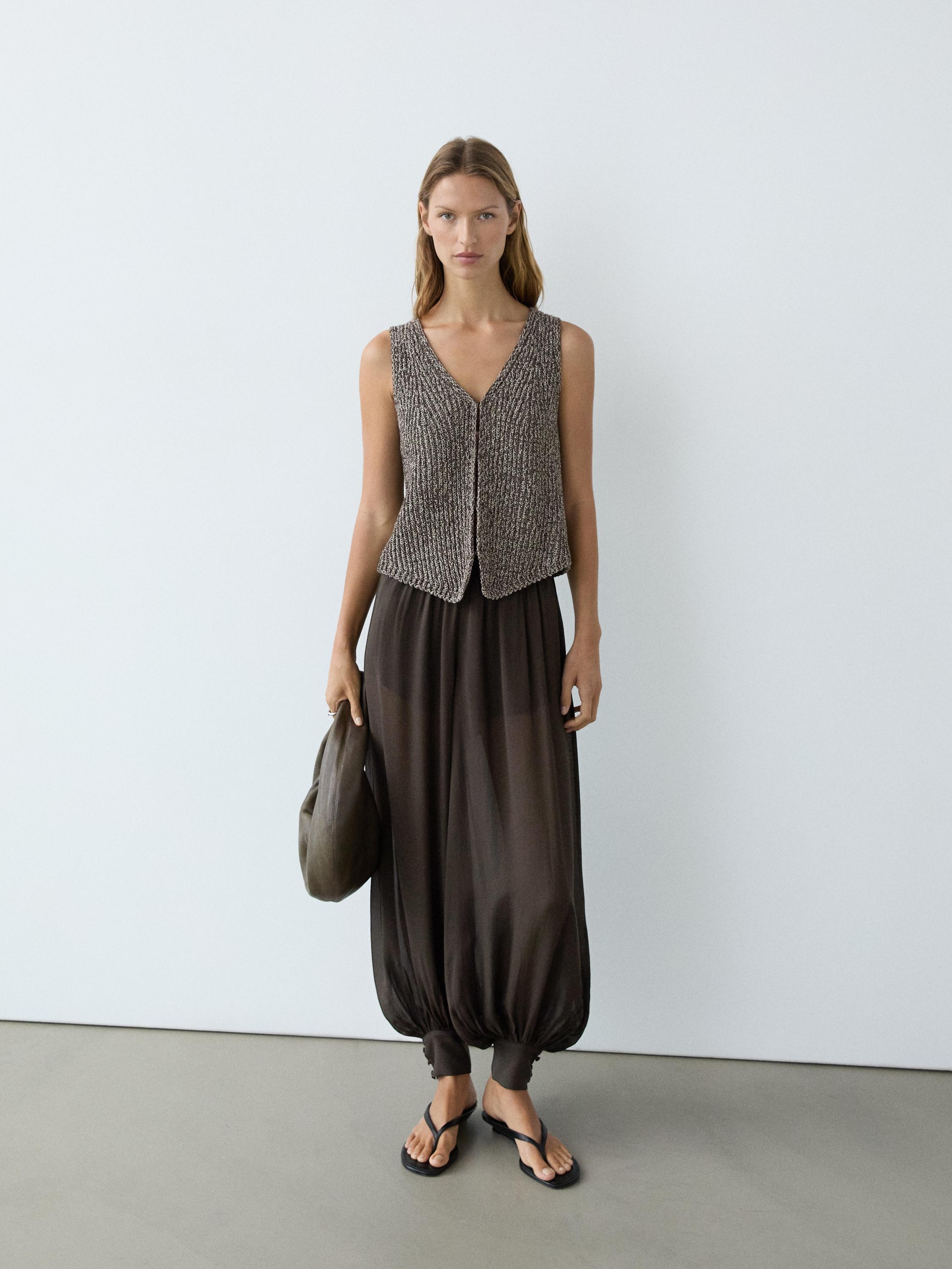 Cotton blend V-neck knit vest — BROWN MARL