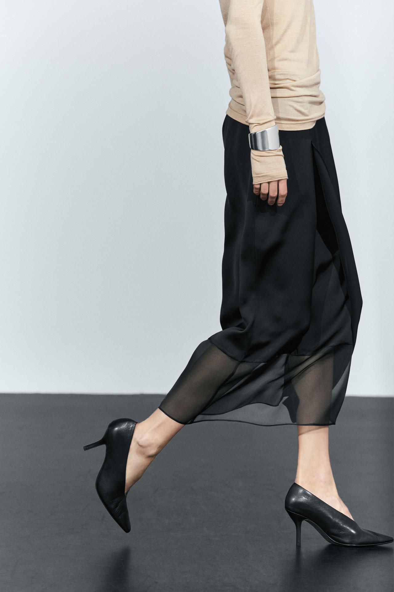 Straight double-cut midi skirt — BLACK