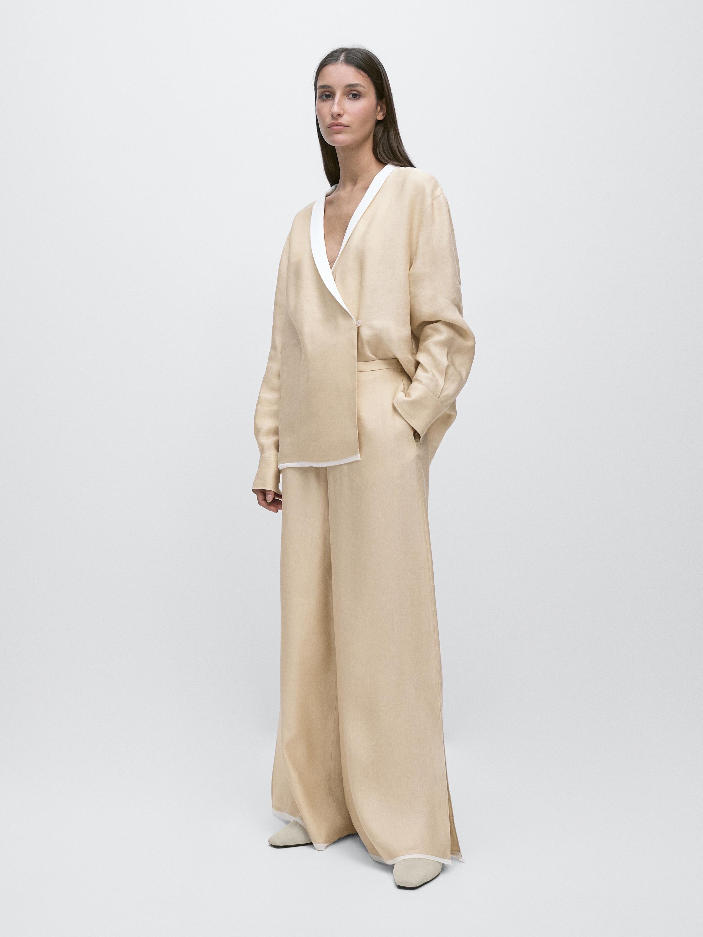 Contrast linen blend straight-leg trousers — BEIGE