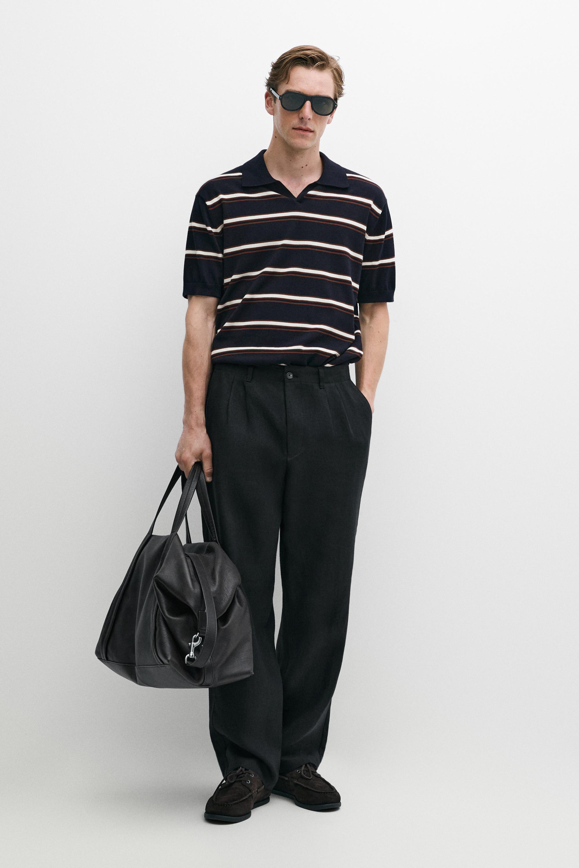 Striped V-neck knit polo shirt — NAVY BLUE