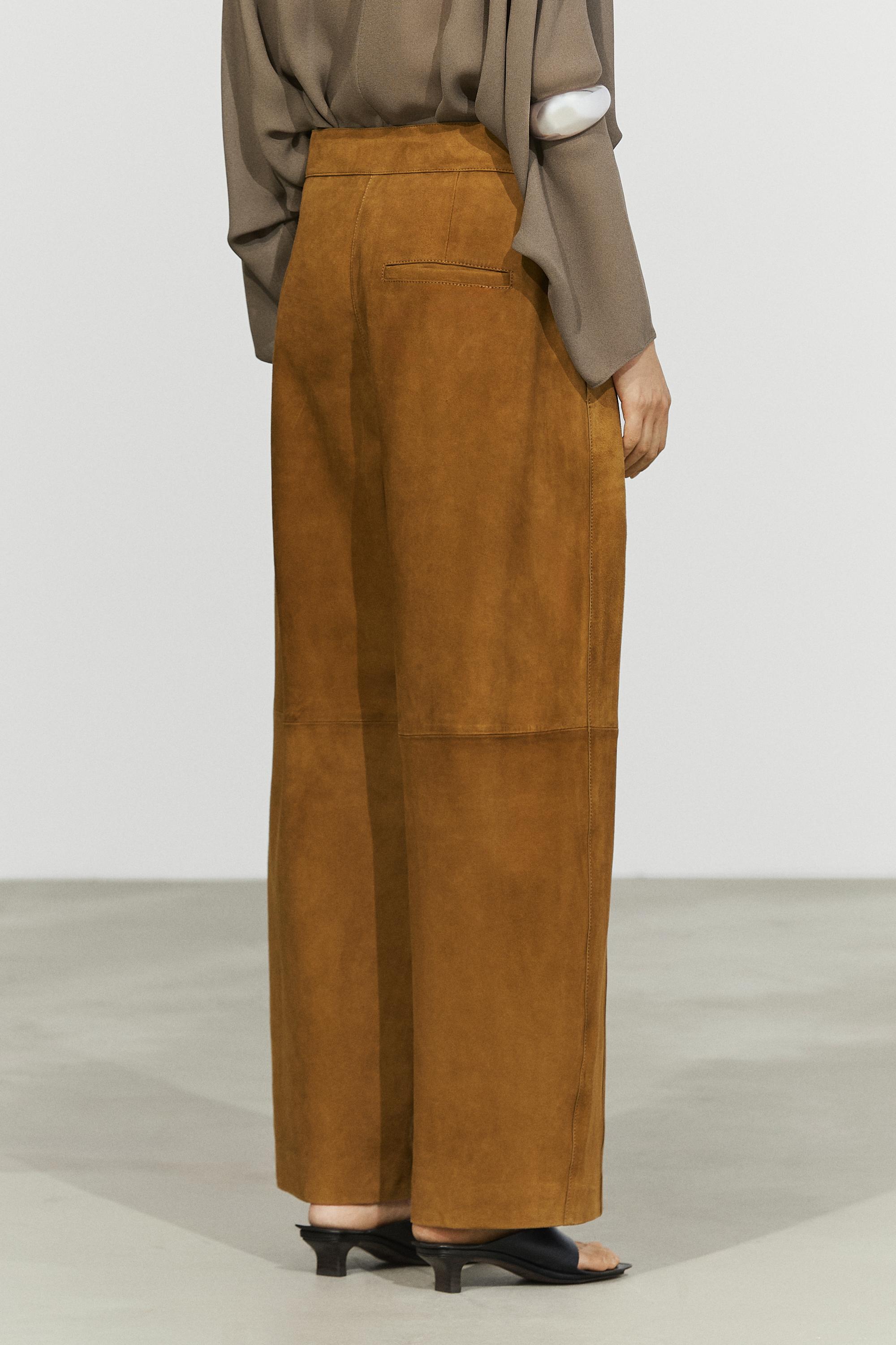 Suede goatskin barrel fit pants — DARK CAMEL