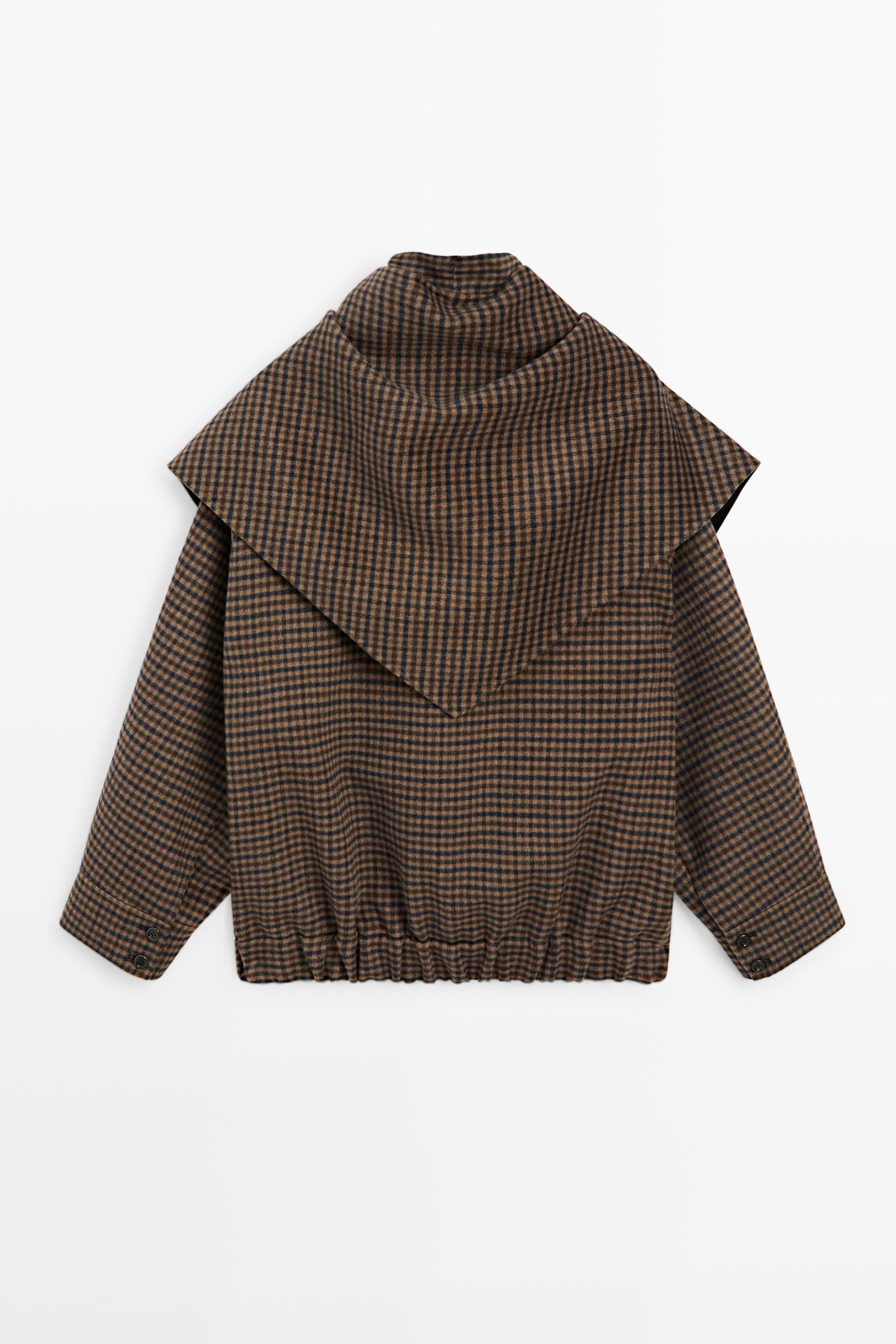 Gingham bomber jacket with scarf — BROWN