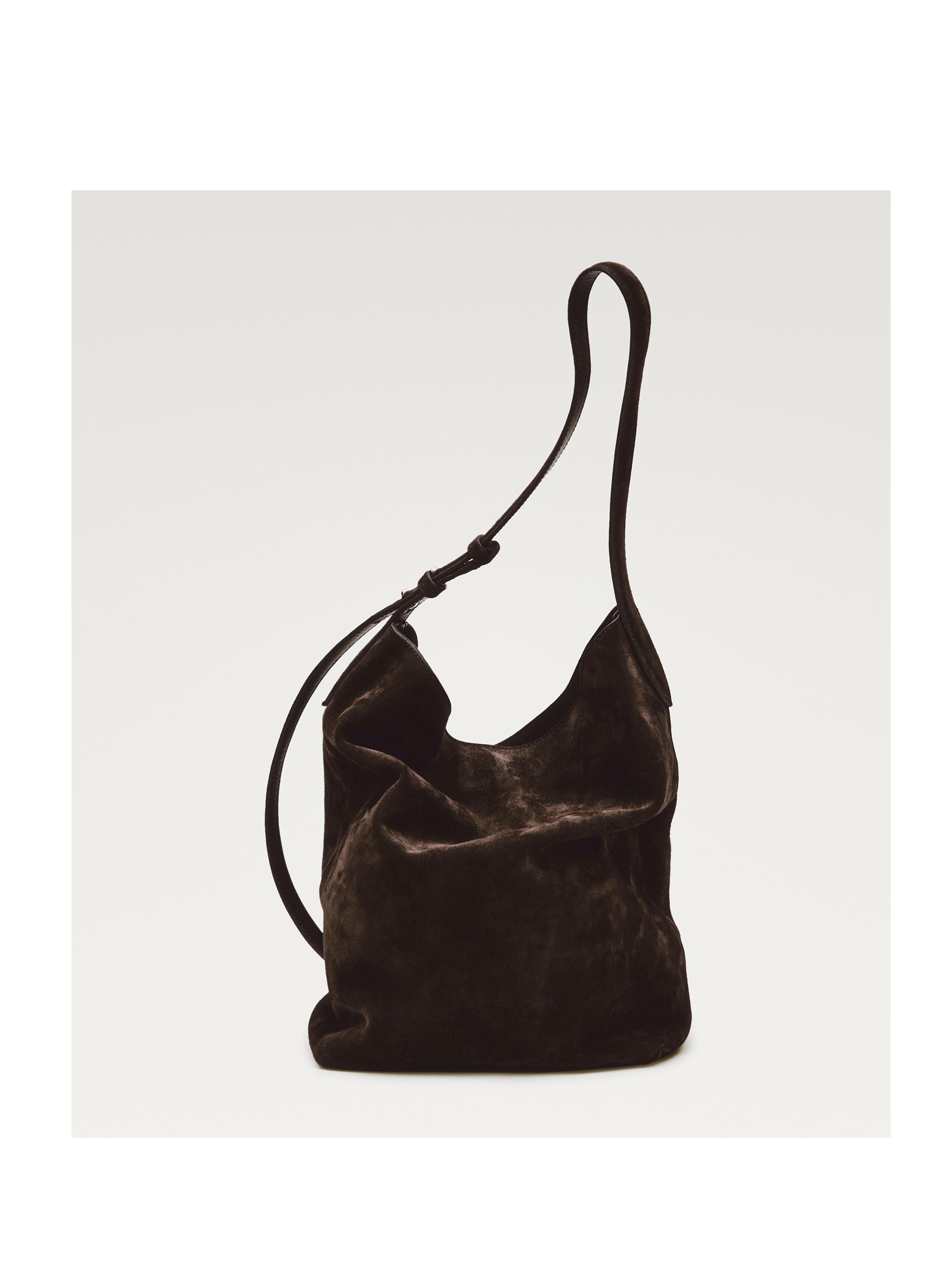 Split suede leather bucket bag — BROWN