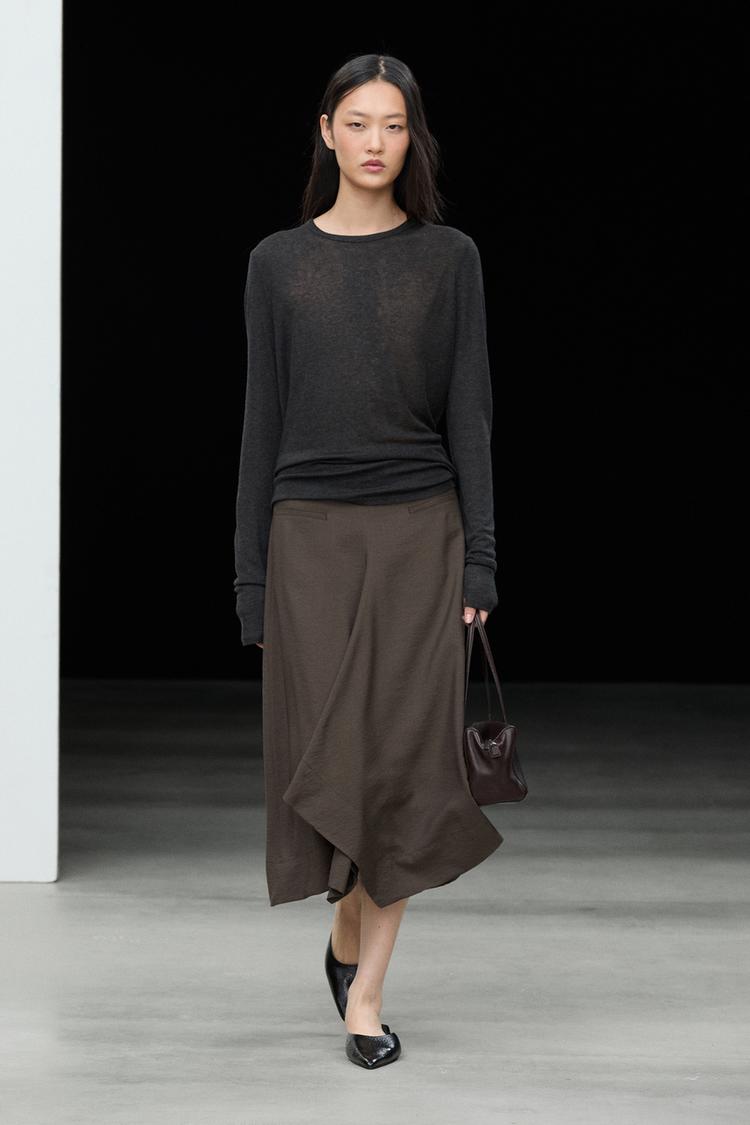 Flowing midi skirt with pleated detail — BROWN