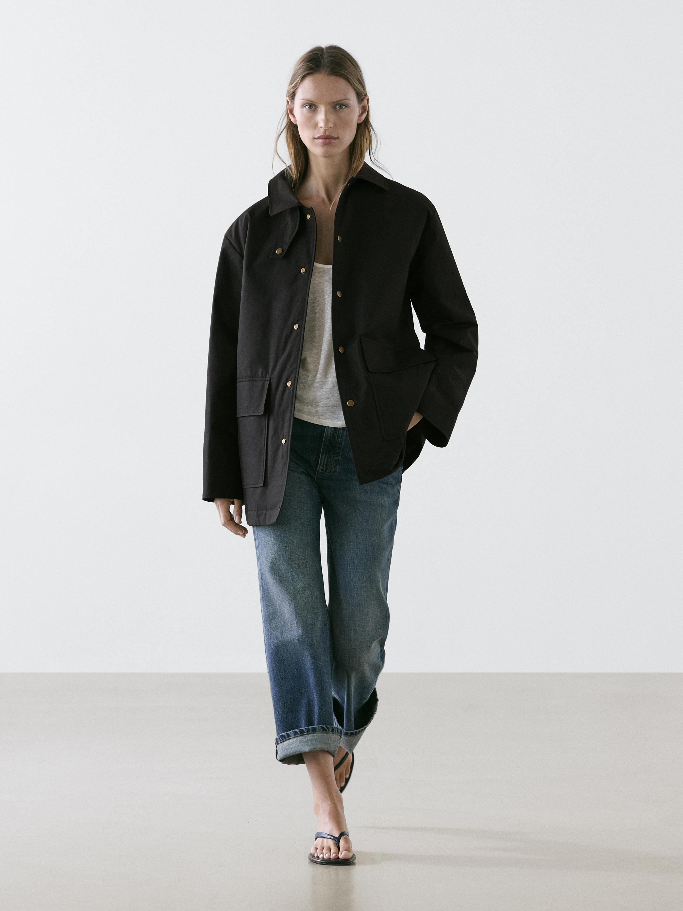 Long cotton parka with collar detail — BLACK