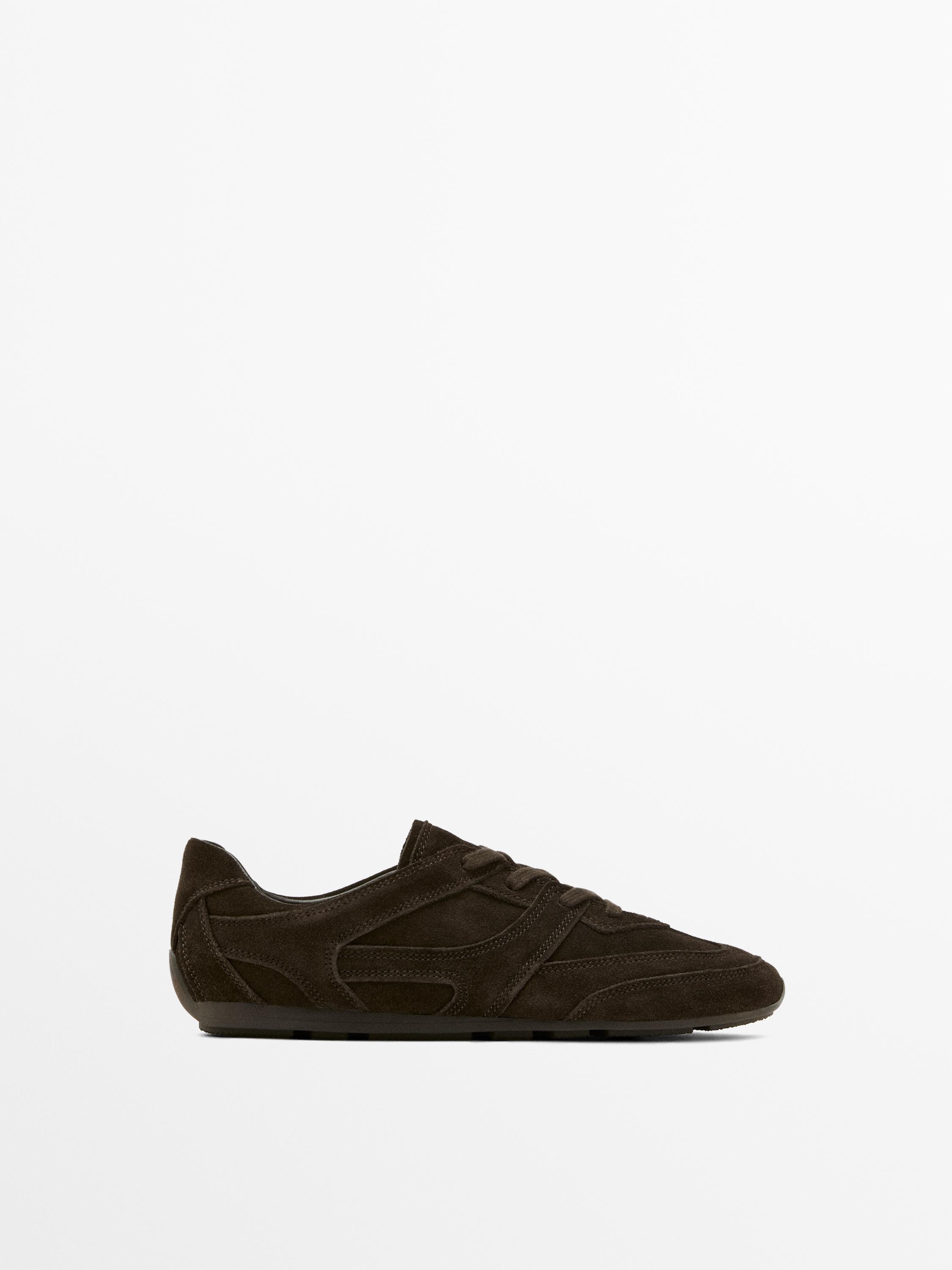 Split leather trainers with piece details — BROWN