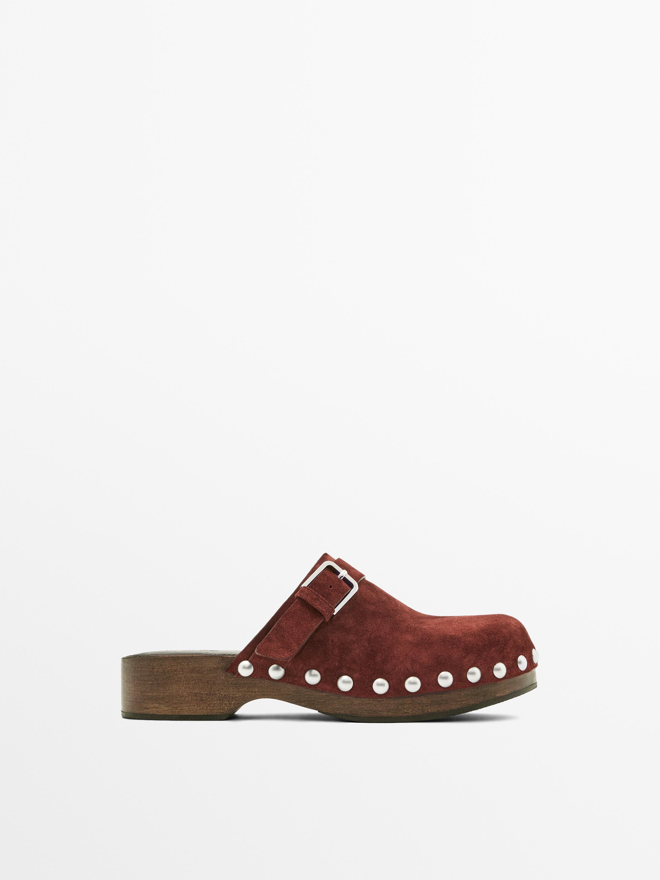 Leather clogs with buckle — TERRA-COTTA