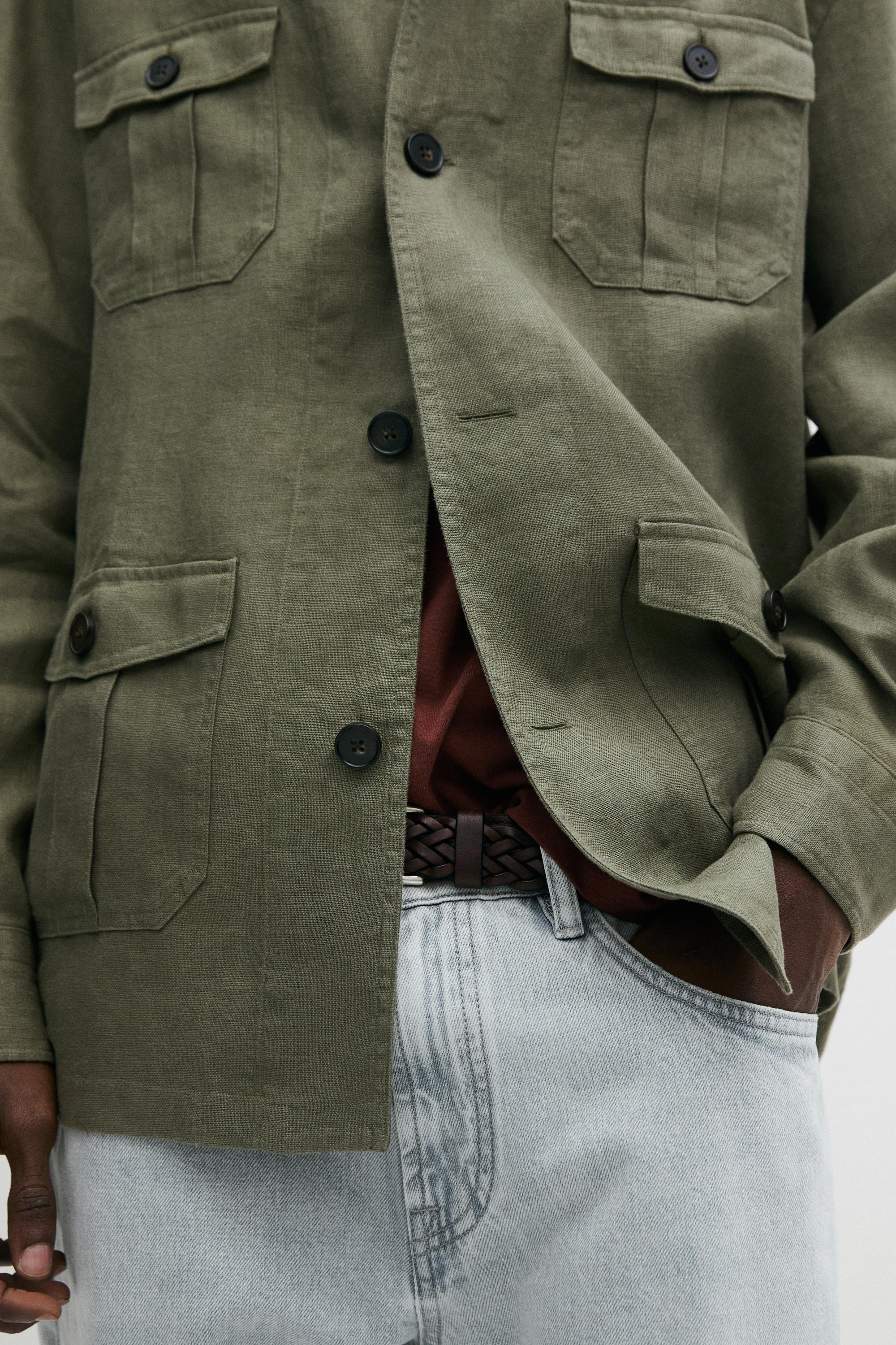 Heavy linen overshirt with pocket details — DARK GREEN
