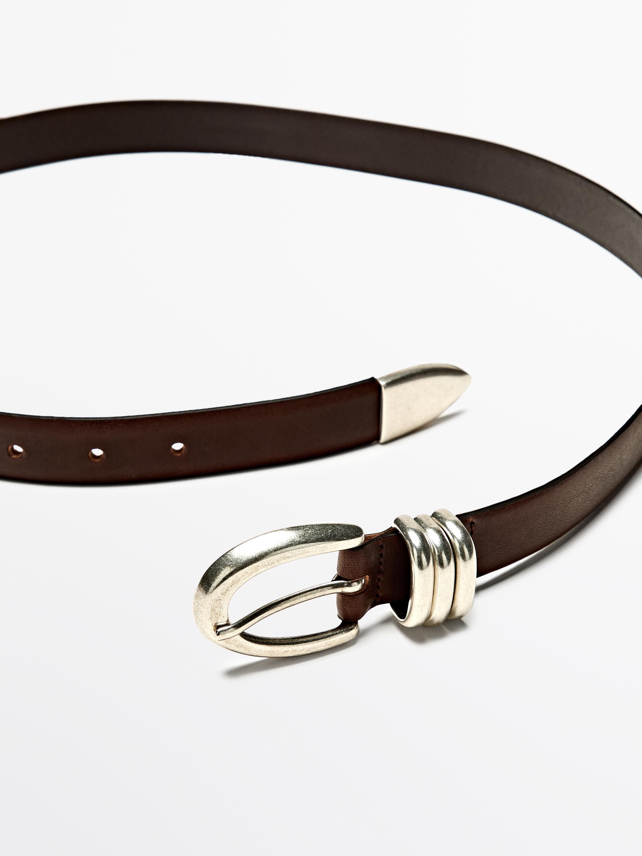 Nappa leather belt with metal detail — BROWN