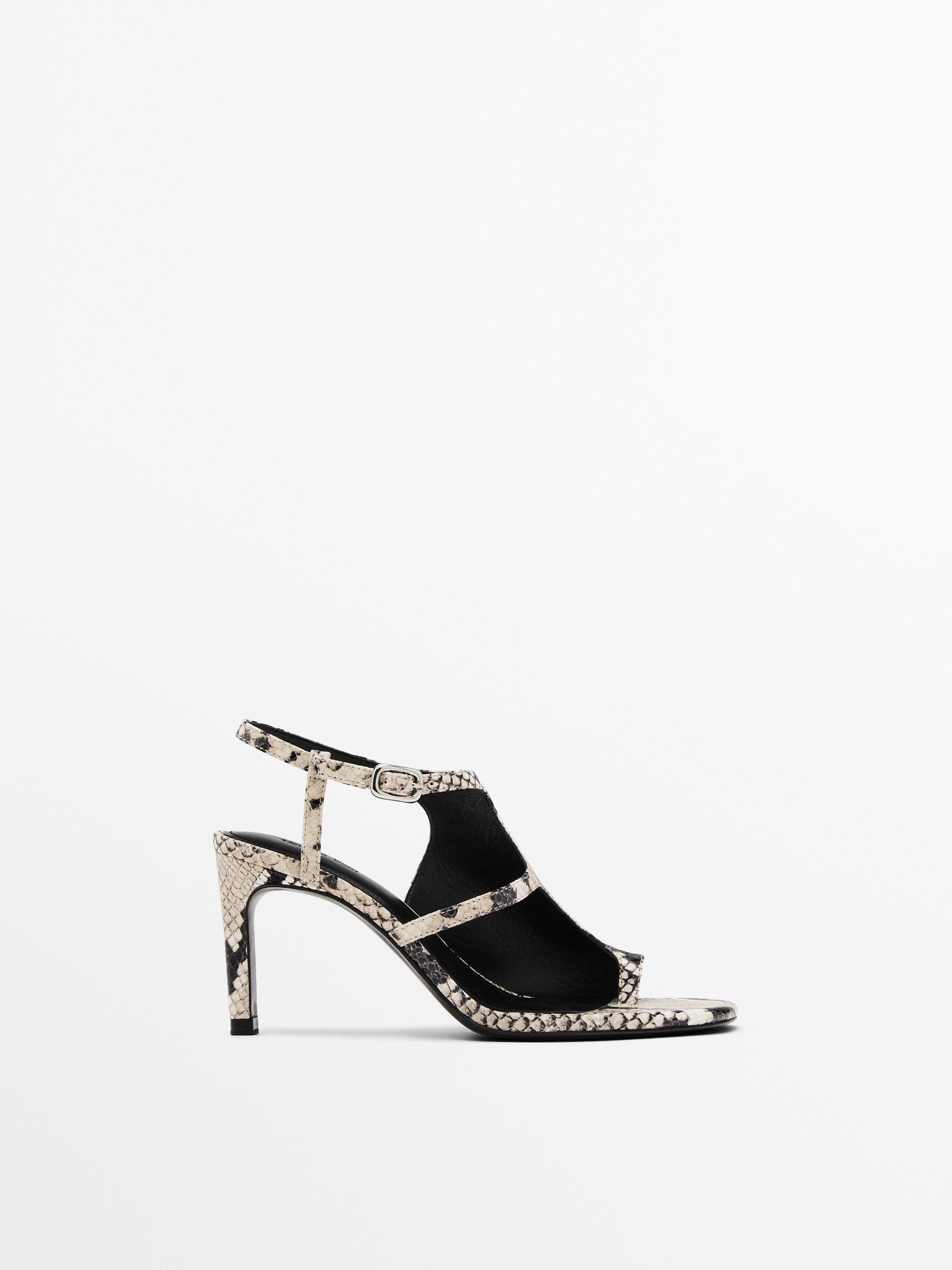 Asymmetric printed high-heel sandals