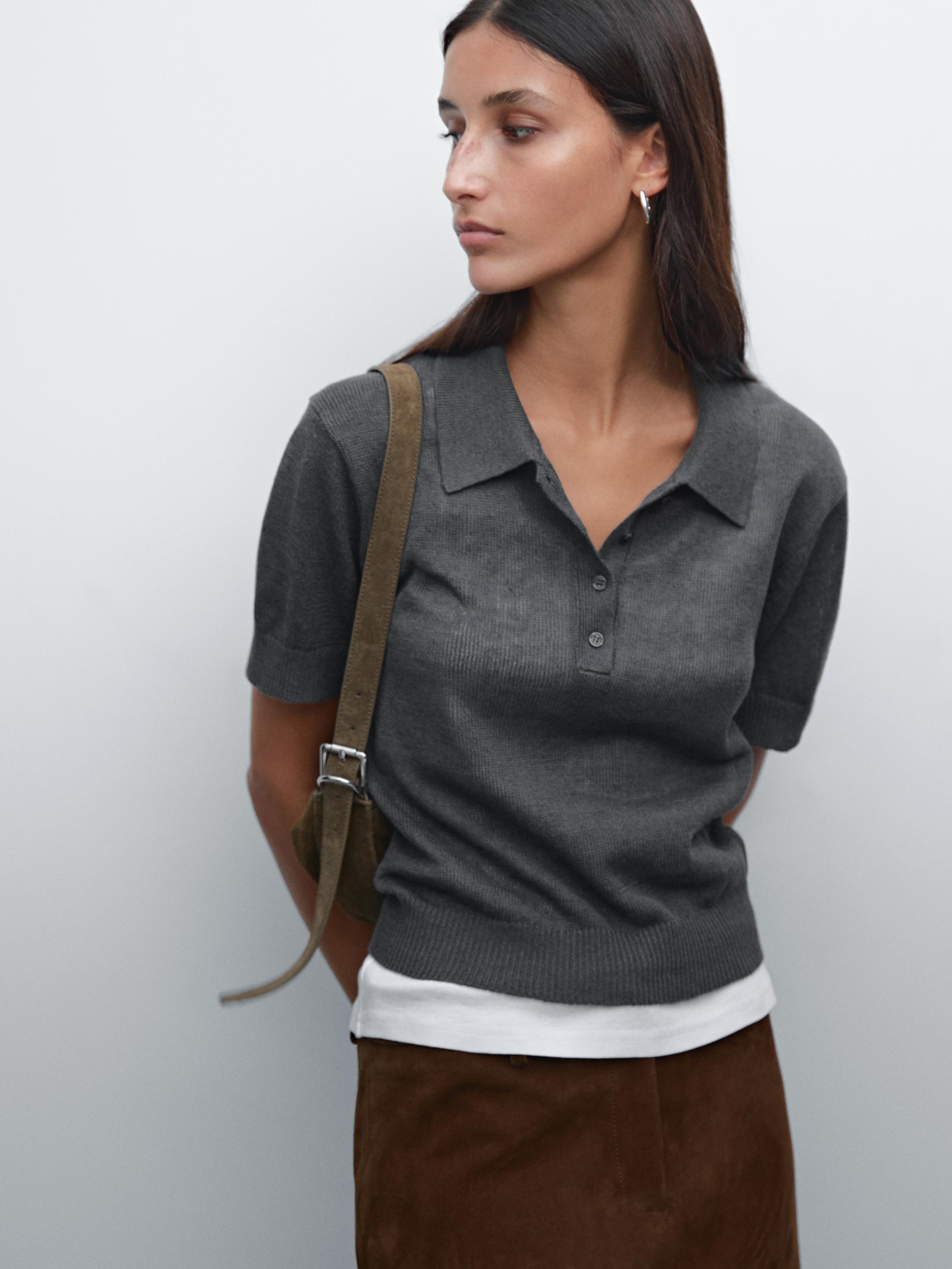 Openwork polo knit linen blend jumper