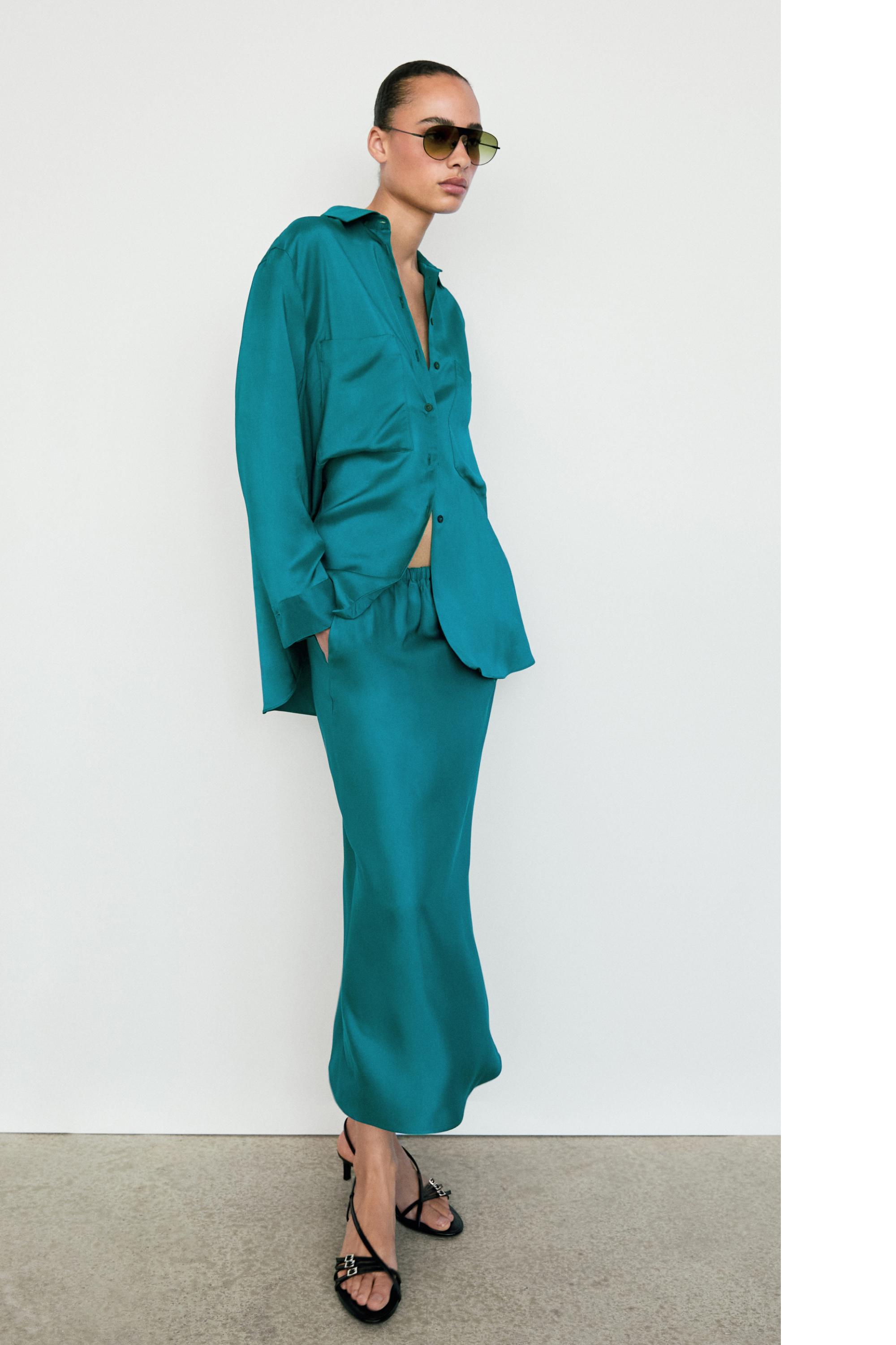 Flowing satin shirt with pockets — GREENISH BLUE
