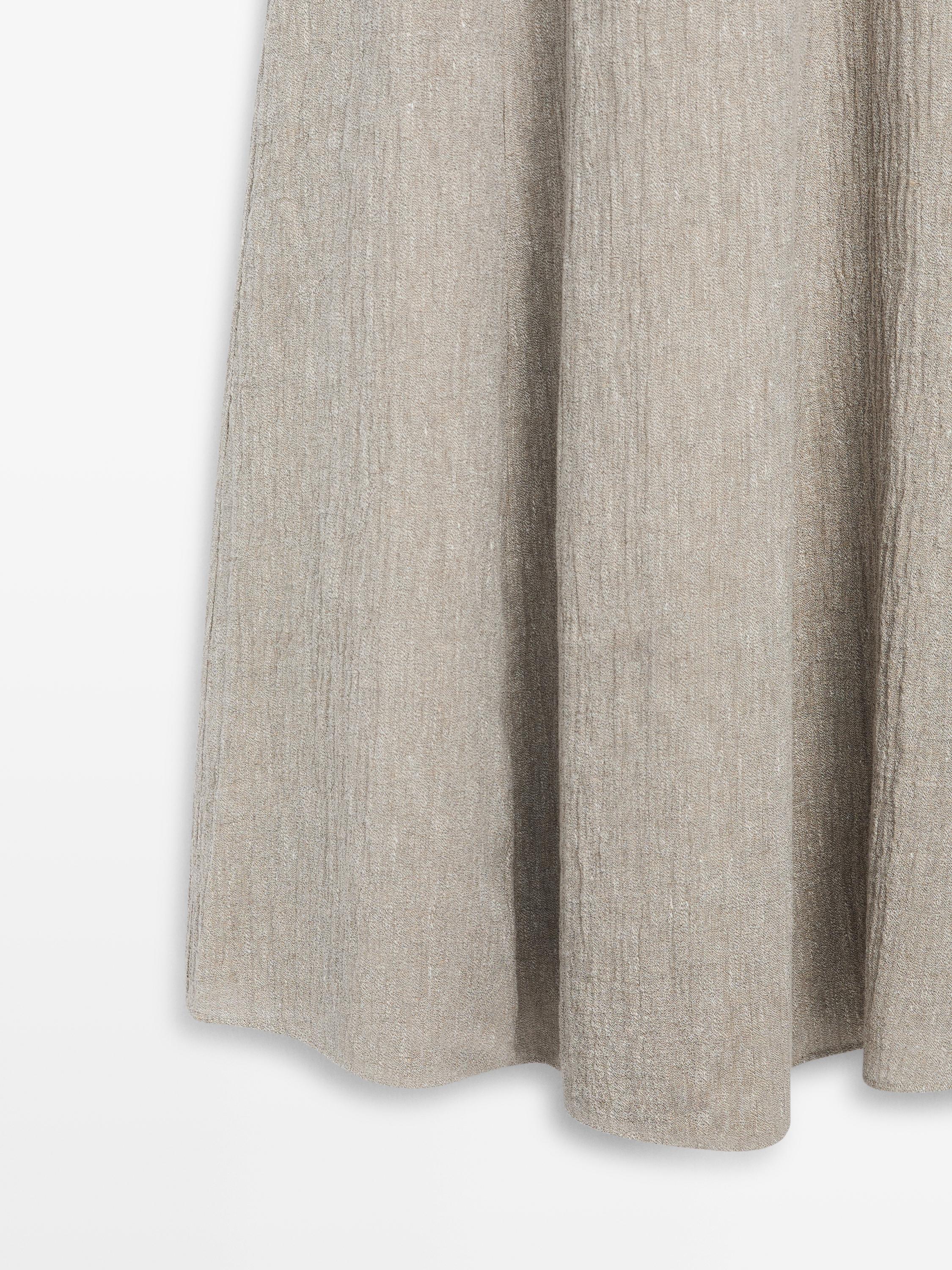 Flowing linen blend dress with gathered neckline — GREY