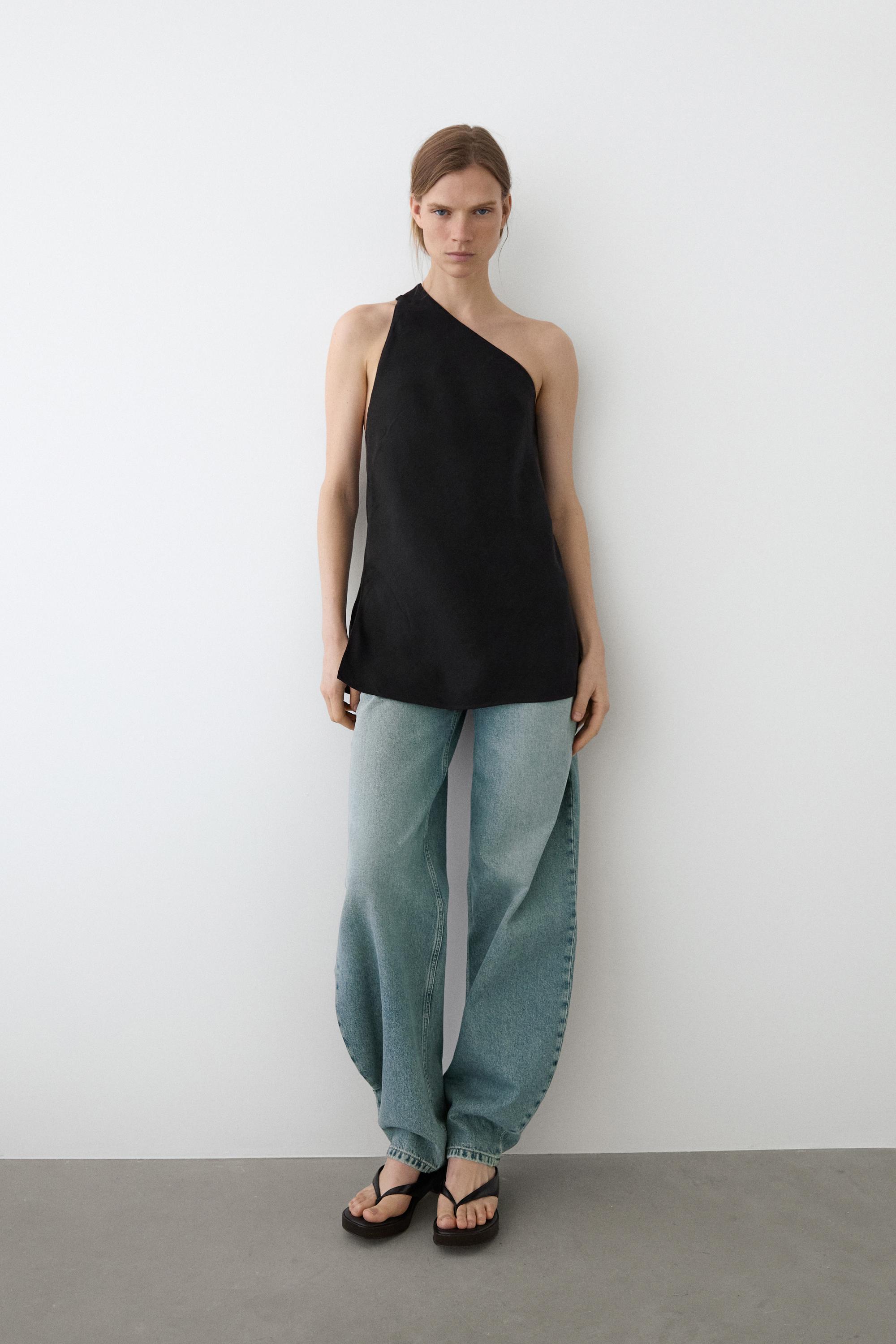Asymmetric linen blend top with back detail — BLACK