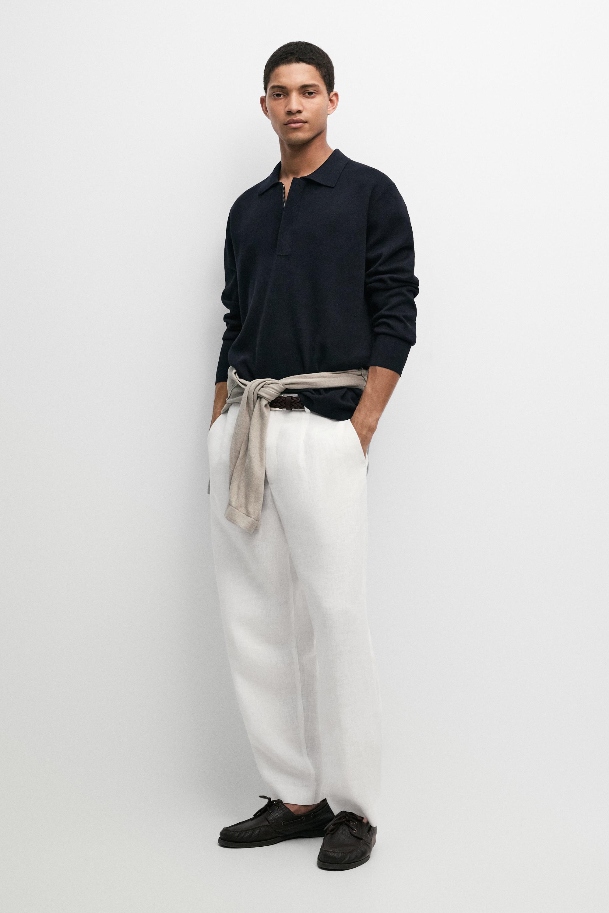 Cotton blend zip-up knit polo sweater — NAVY BLUE