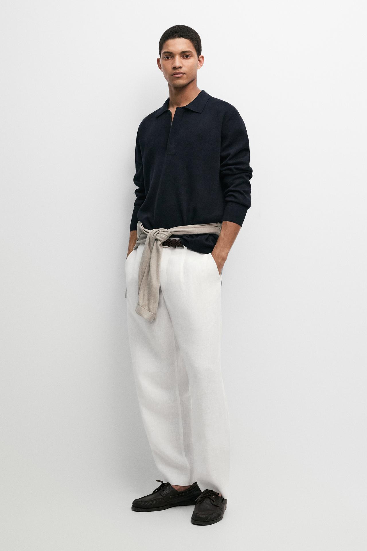 Cotton blend zip-up knit polo sweater — NAVY BLUE