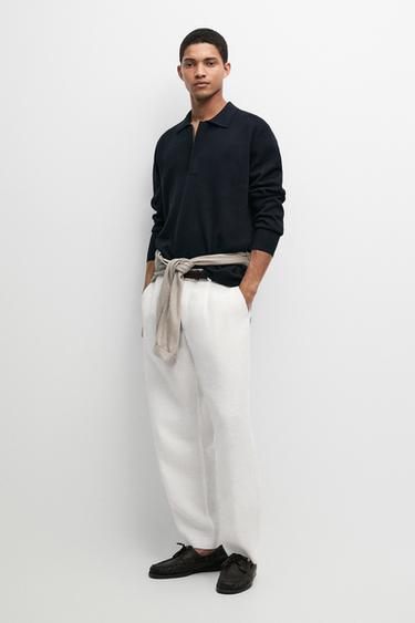 Cotton blend zip-up knit polo sweater — NAVY BLUE 1